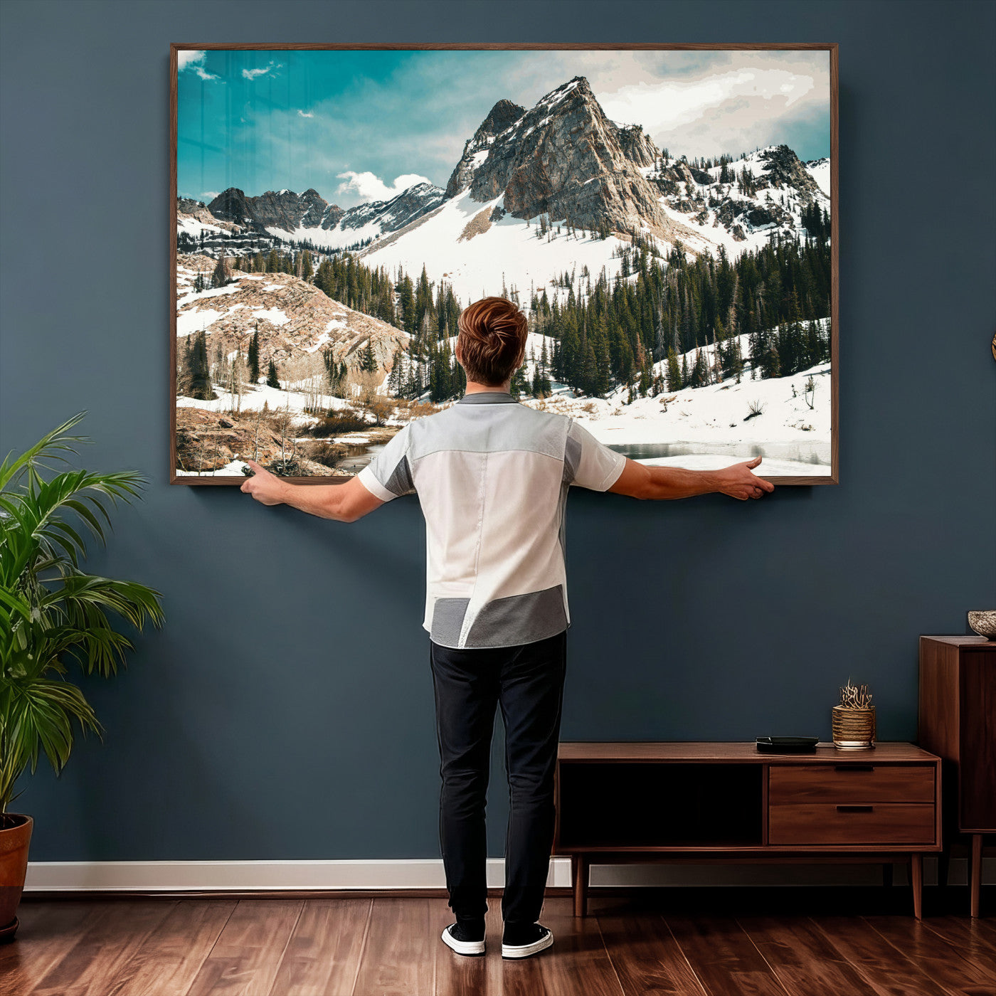 56837070-MGV-CV-36X24 - Snowy Mountain Landscape Wall Art Canvas Print, Alpine Pine Forest Winter Nature Wall Decor for Living Room and Office