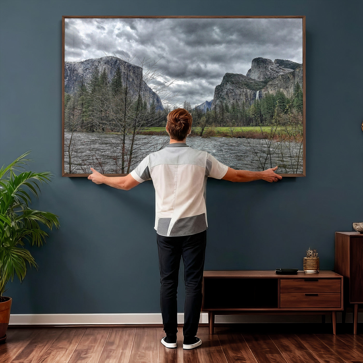 75582552-MGV-CV-36X24 - Yosemite Valley River Landscape Wall Art Canvas Print, Granite Cliffs Forest River Canvas Print, California National Park Moody Scenic Art Printi