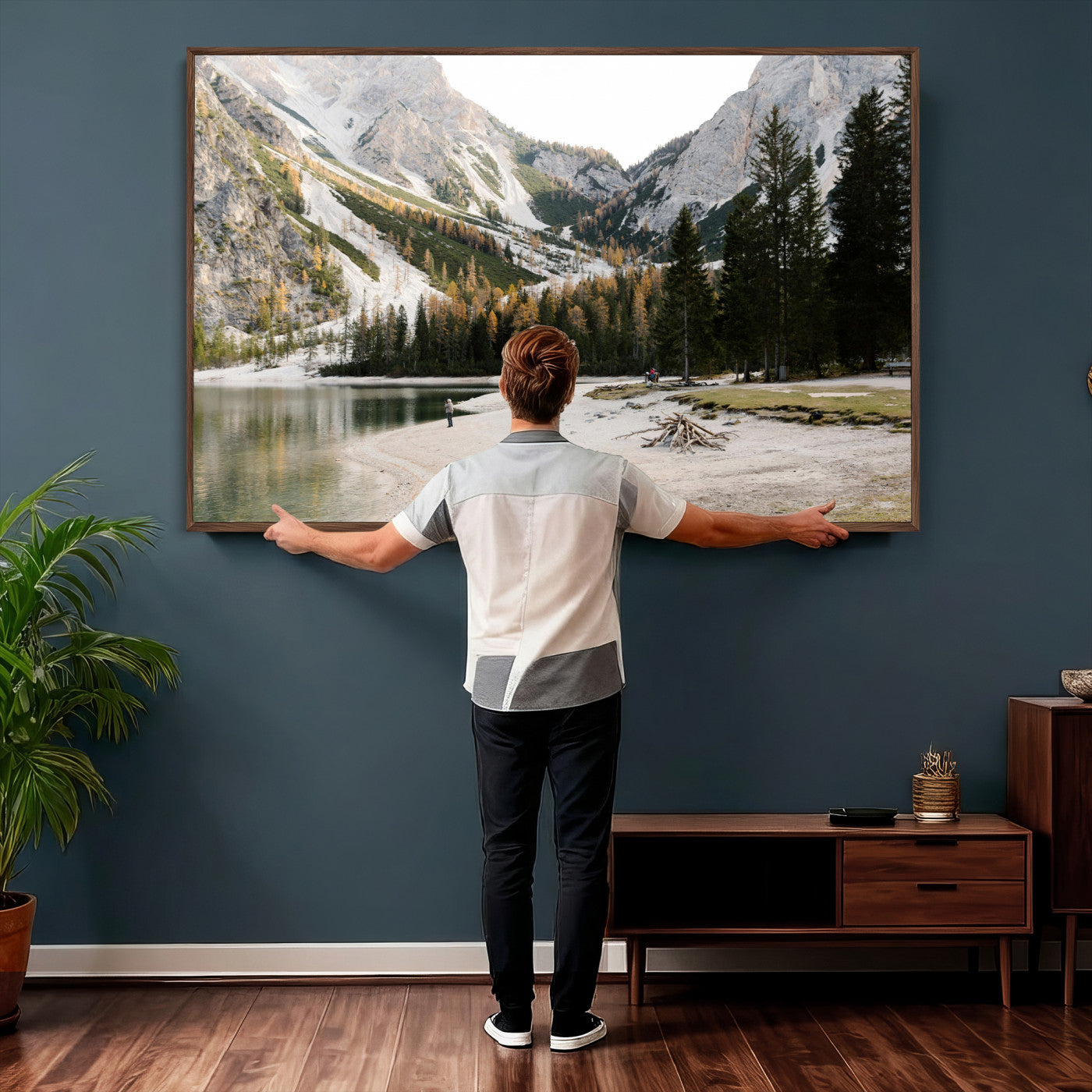 89246758-MGV-CV-36X24 - Lake Braies Alpine Landscape Wall Art Canvas Print, Dolomites Mountain Lake Forest Canvas Print, Italian Alps Scenic Nature Art Printing