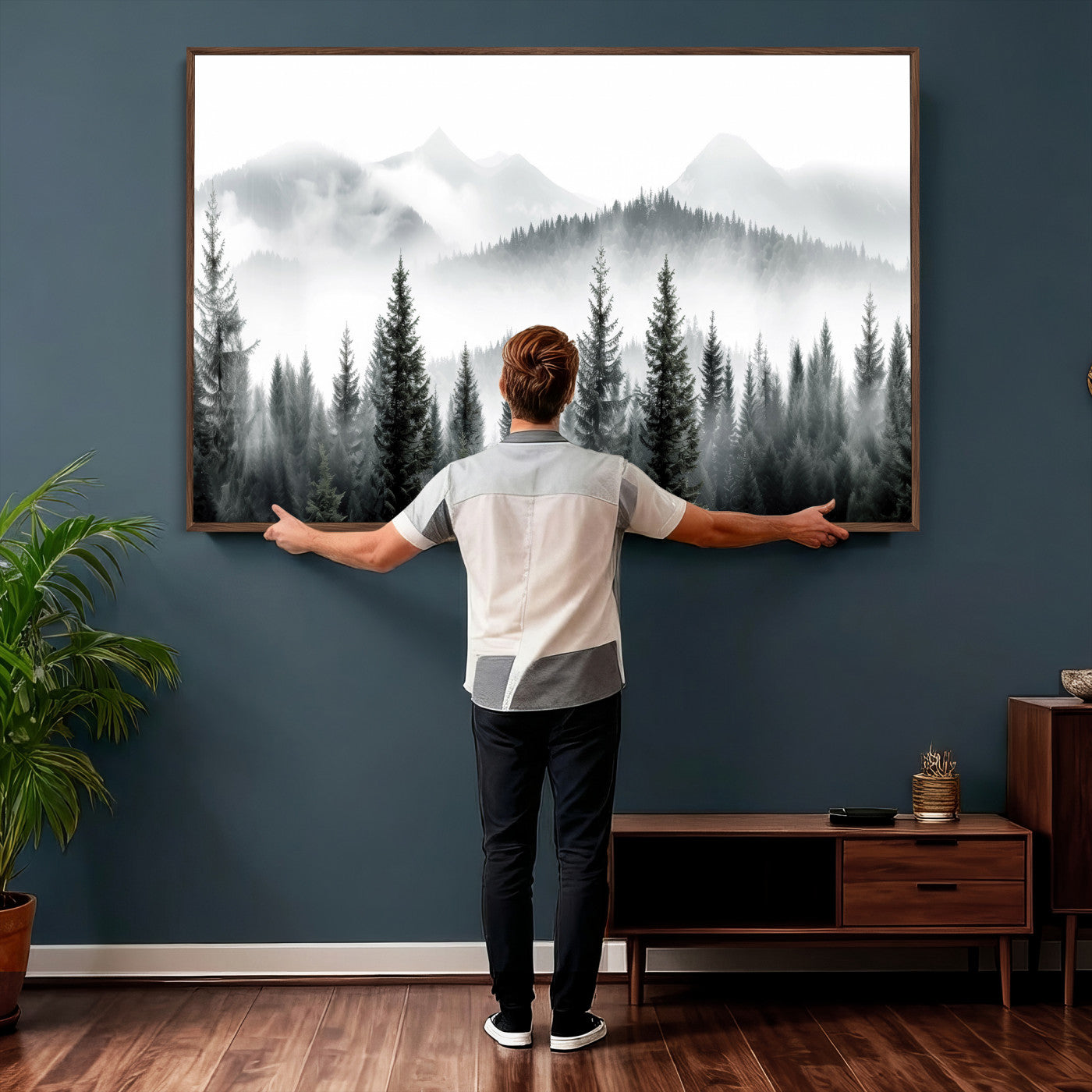38819032-MGV-CV-36X24 - Misty Pine Forest Mountain Landscape Wall Art Canvas Print, Foggy Evergreen Trees Minimal Nature Canvas Print, Monochrome Wilderness Scenic Art Printing