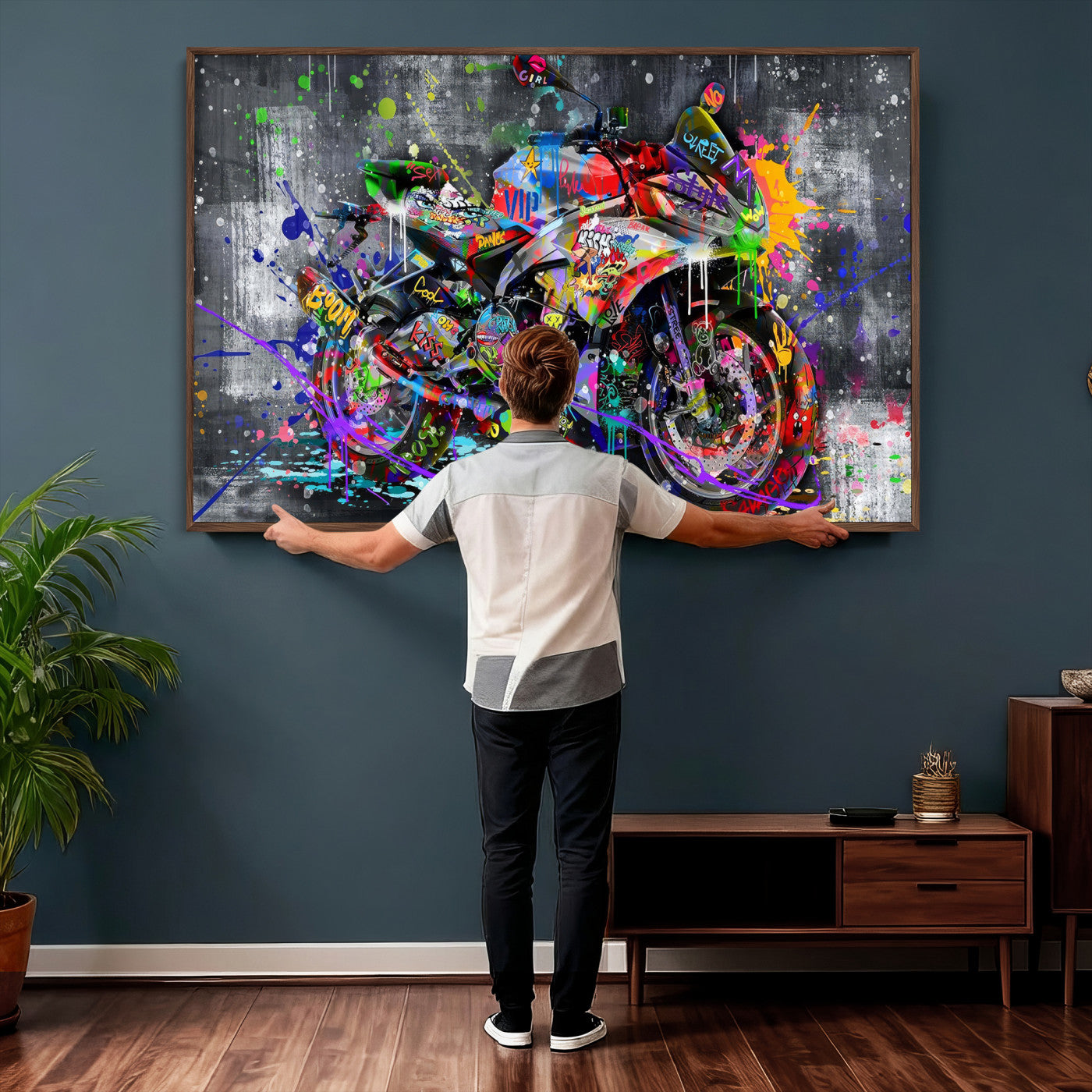 83021767-MGV-CV-36X24 - Graffiti Motorcycle Wall Art Canvas Print, Urban Street Art Motorbike Decor, Colorful Graffiti Sports Bike Artwork