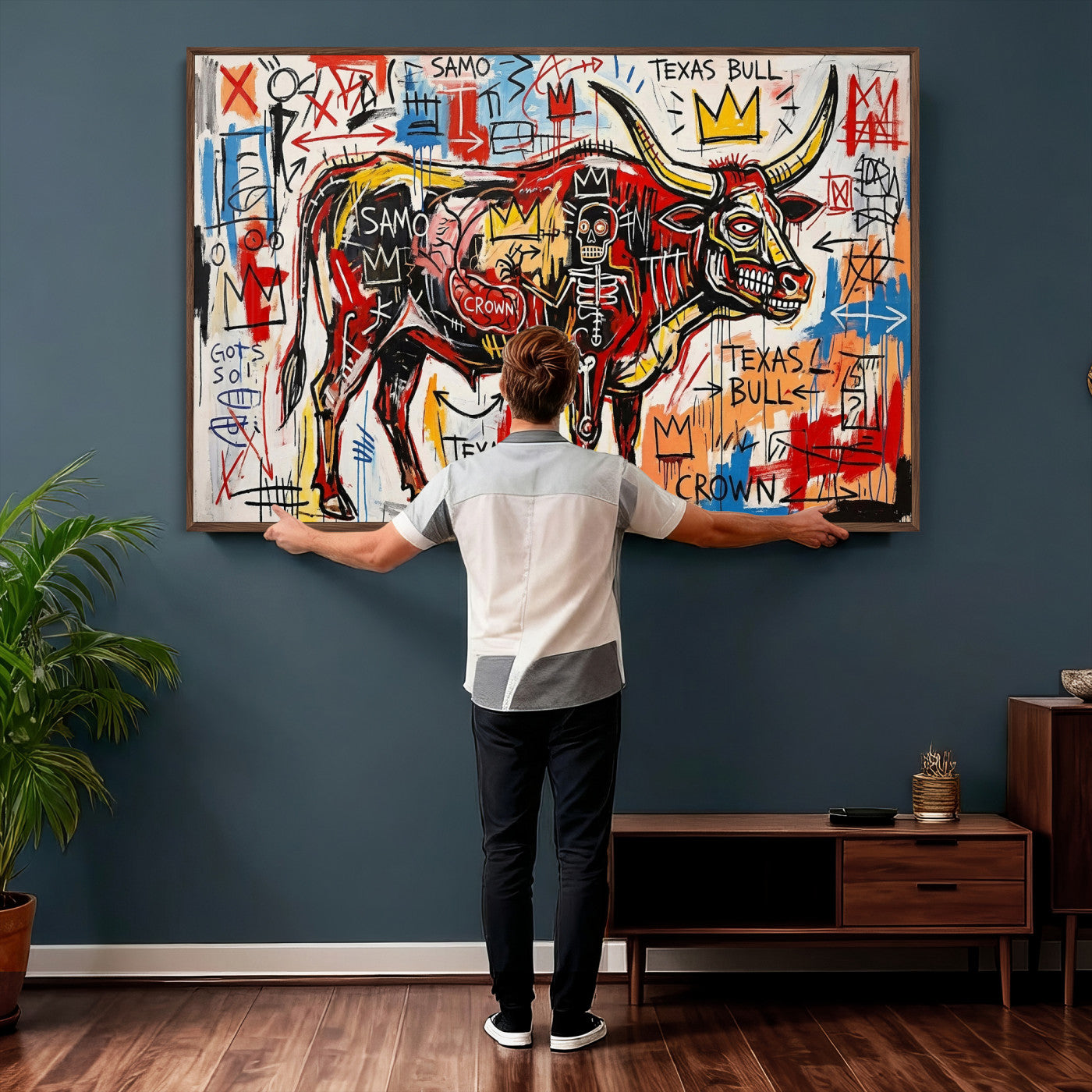 89504579-MGV-CV-36X24 - TITLE: Texas Bull Wall Art Canvas Print, Abstract Graffiti Bull Painting, Western Animal Art, Modern Ranch Decor