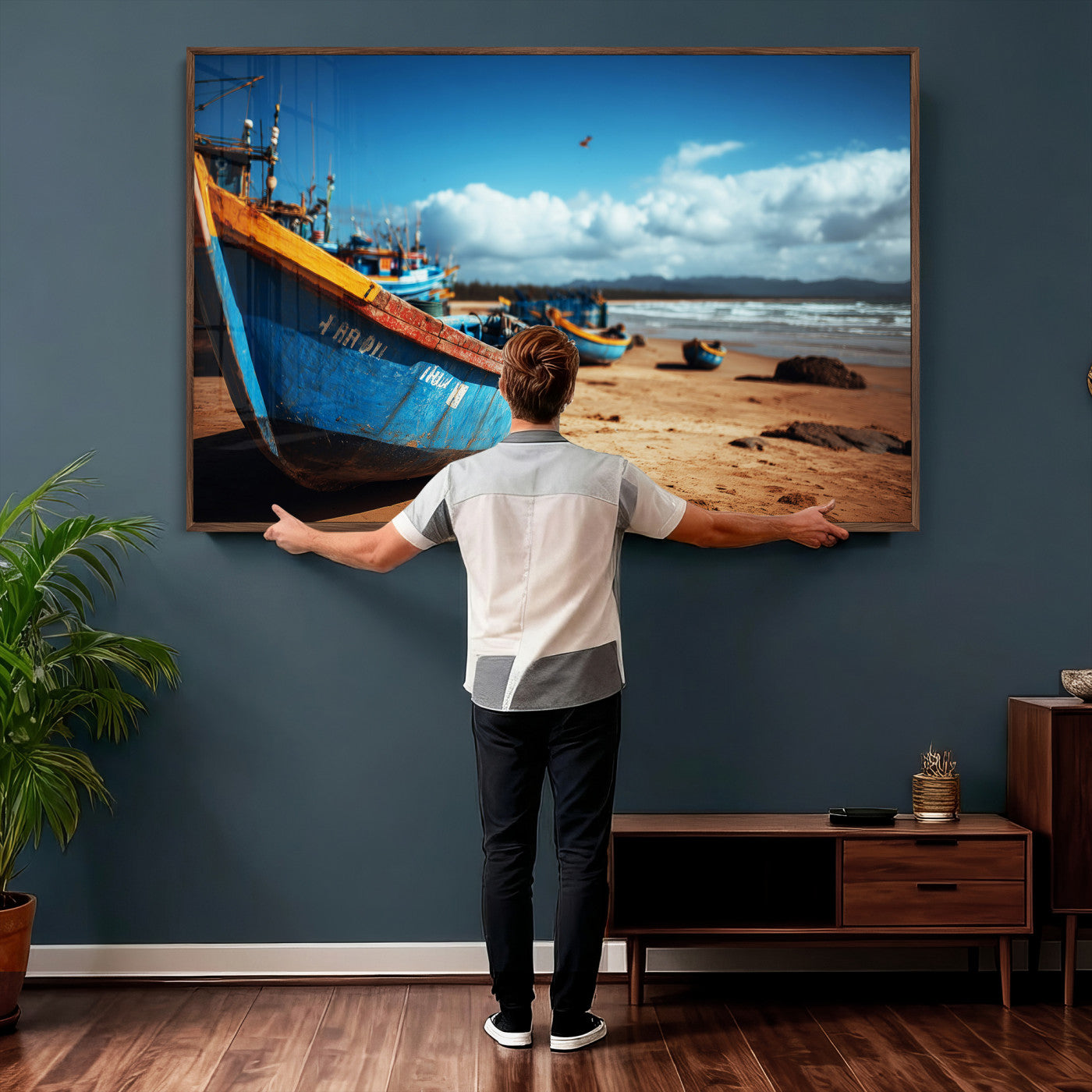70925201-MGV-CV-36X24 - Fishing Boats Wall Art Canvas Print, Coastal Boat Beach Scene, Nautical Seaside Artwork, Ocean Shore Decor, Coastal Home Wall Art