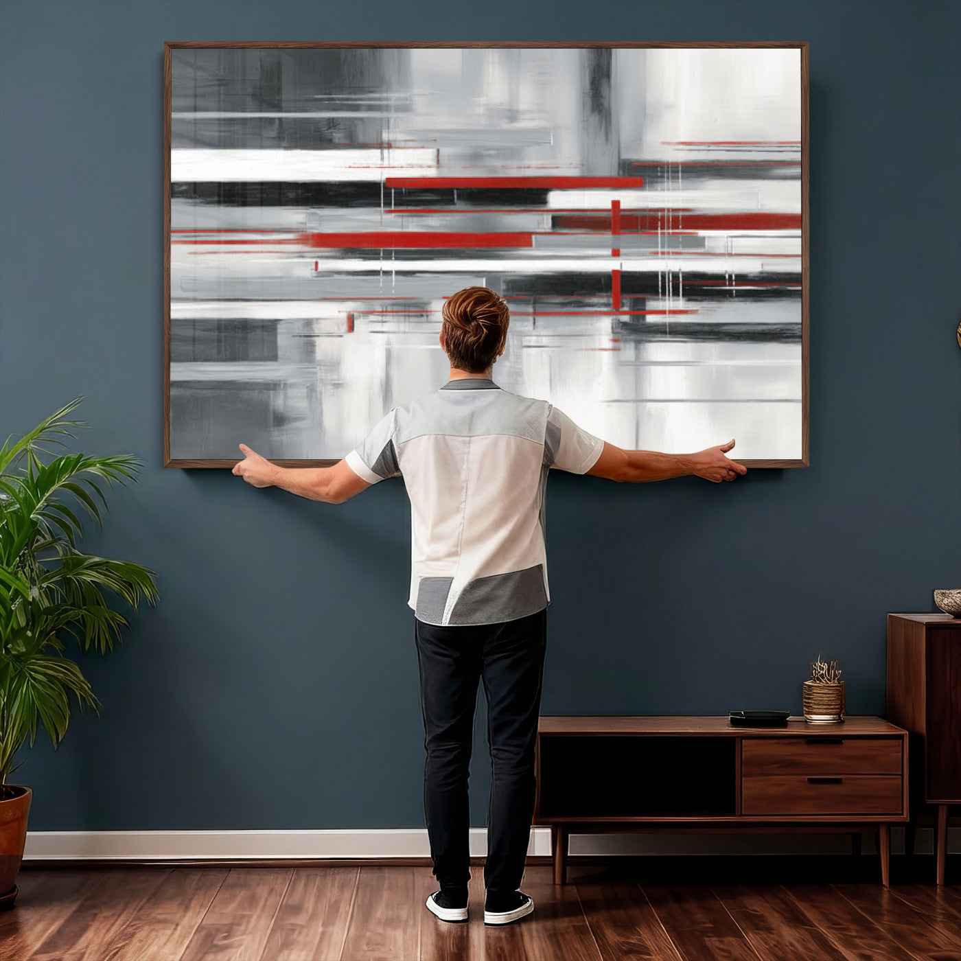 62640681-MGV-CV-36X24 - Gray Red Abstract Wall Art Canvas Print, Modern Abstract Canvas Wall Decor for Contemporary Living Room and Office