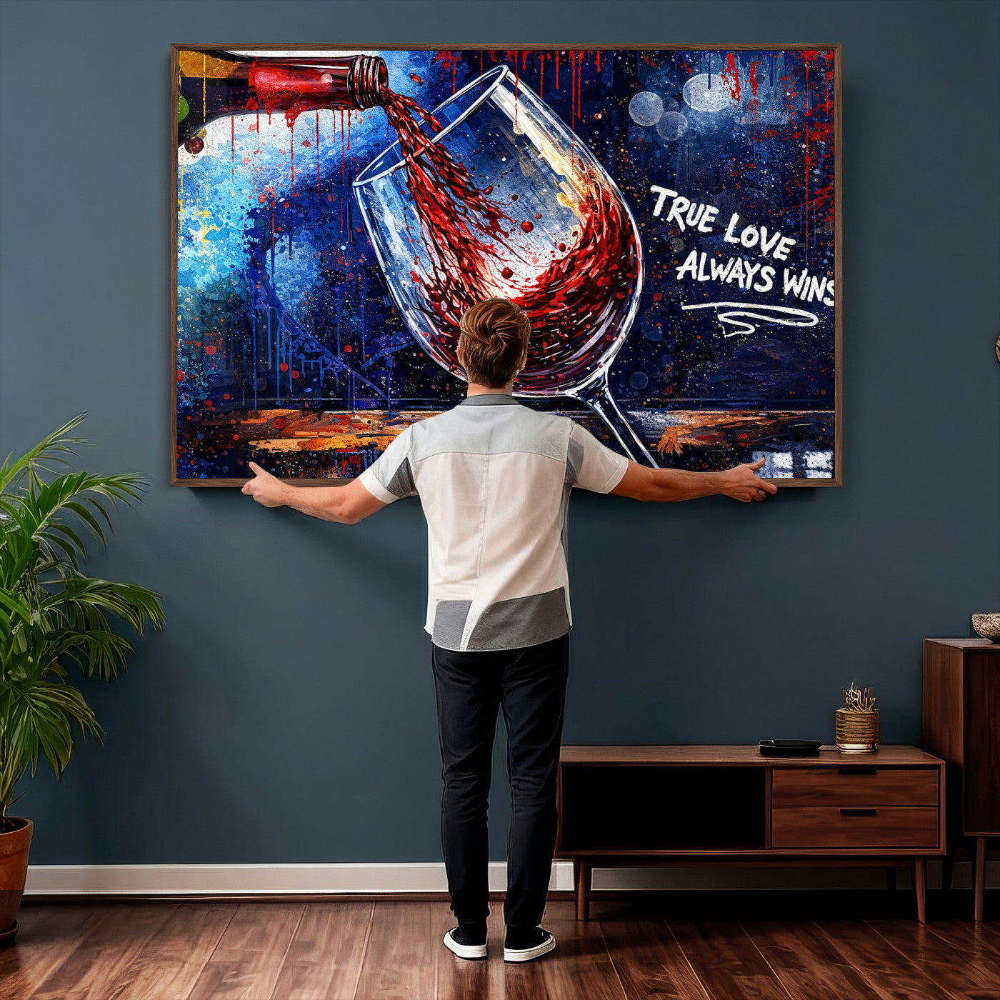 88788932-MGV-CV-36X24 - Red Wine Splash Abstract Wall Art Canvas Print, Modern Wine Glass Painting Canvas Print, Romantic Quote Contemporary Bar Art Print
