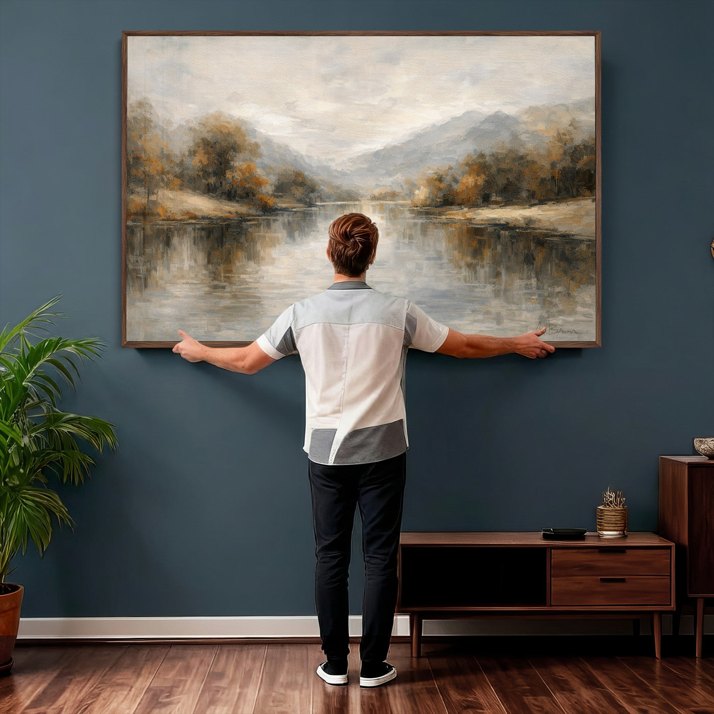 29251761-MGV-CV-36X24 - Neutral Abstract River Landscape Wall Art Canvas Print, Modern Minimal Nature Reflection Canvas Print, Beige Gray Contemporary Mountain Art Printing