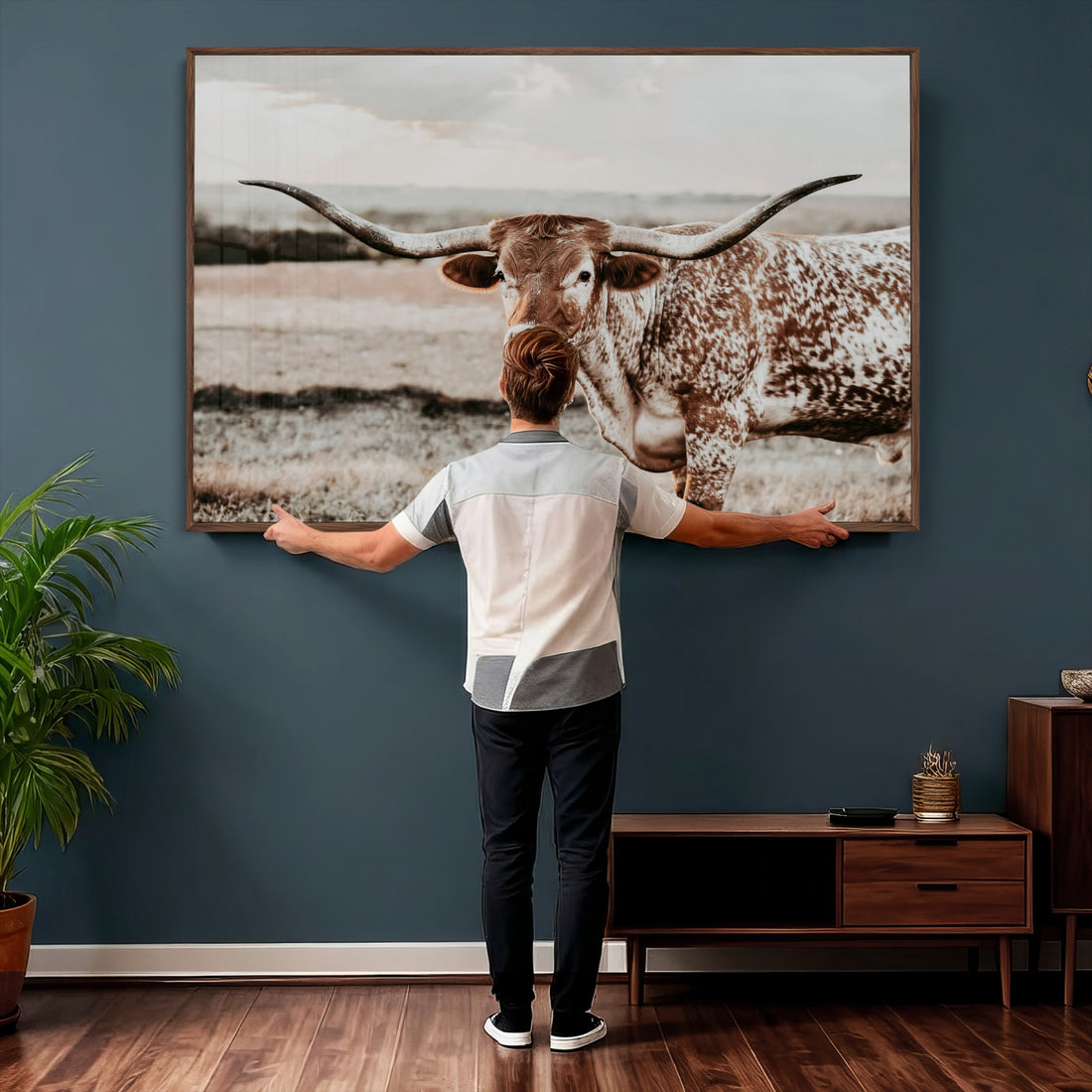 Texas Longhorn Bull Rustic Wall Art Canvas Print, Framed and Ready to Hang