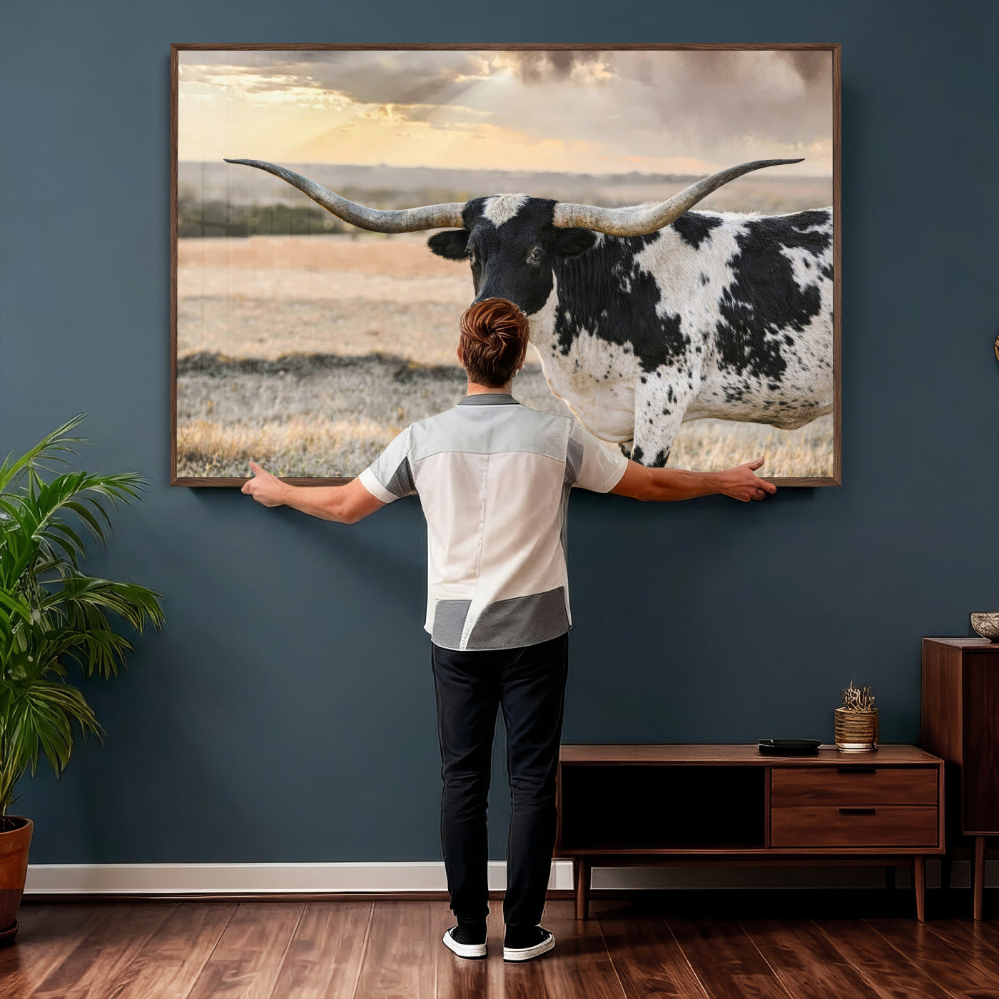 49350433-MGV-CV-36X24 - Texas Longhorn Bull Rustic Wall Art Canvas Print, Western Cattle Photography Canvas Print, Ranch Farm Animal Western Art Printing