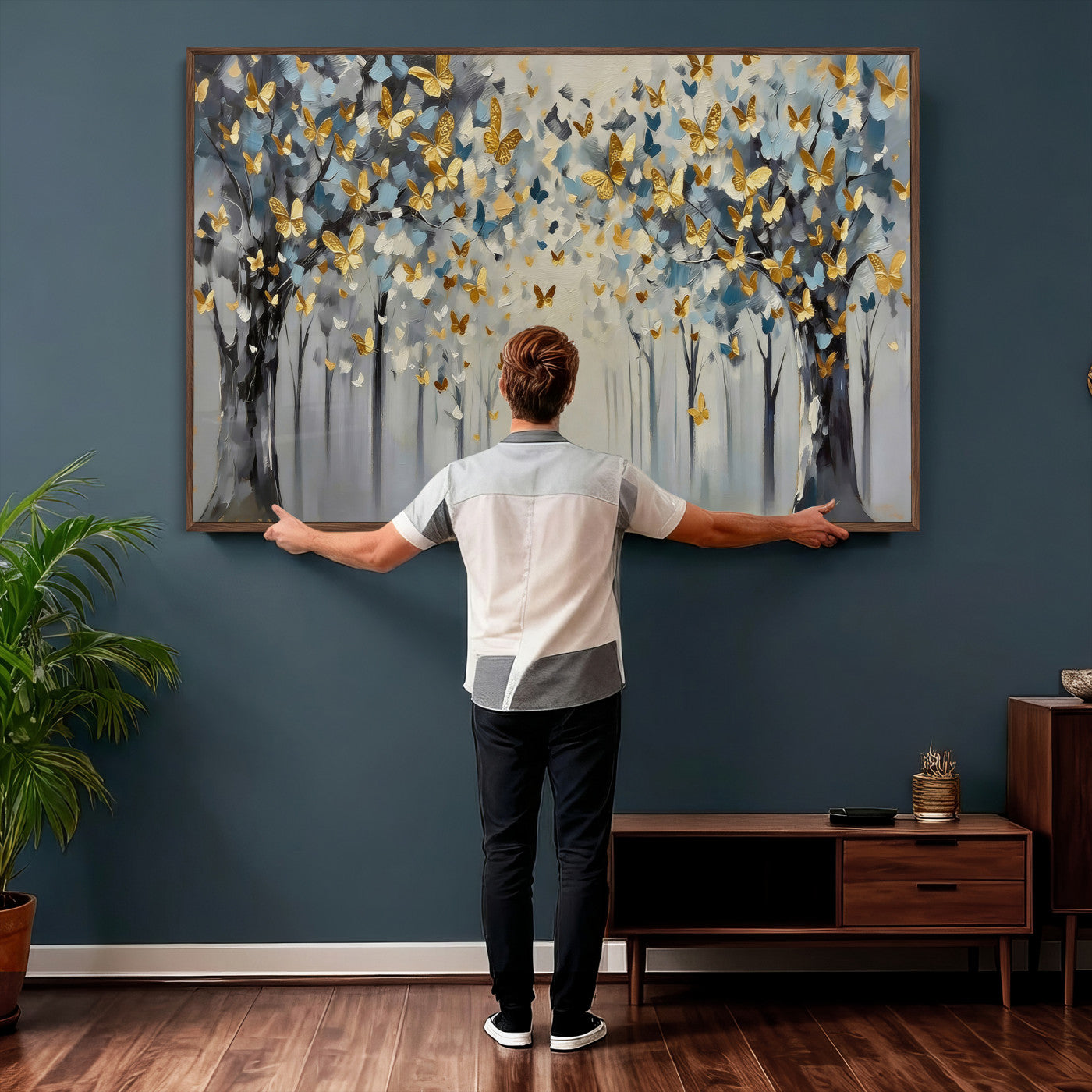79208191-MGV-CV-36X24 - Golden Butterfly Tree Abstract Wall Art Canvas Print, Modern Elegant Nature Painting Canvas Print, Blue Gold Contemporary Floral Art Printing