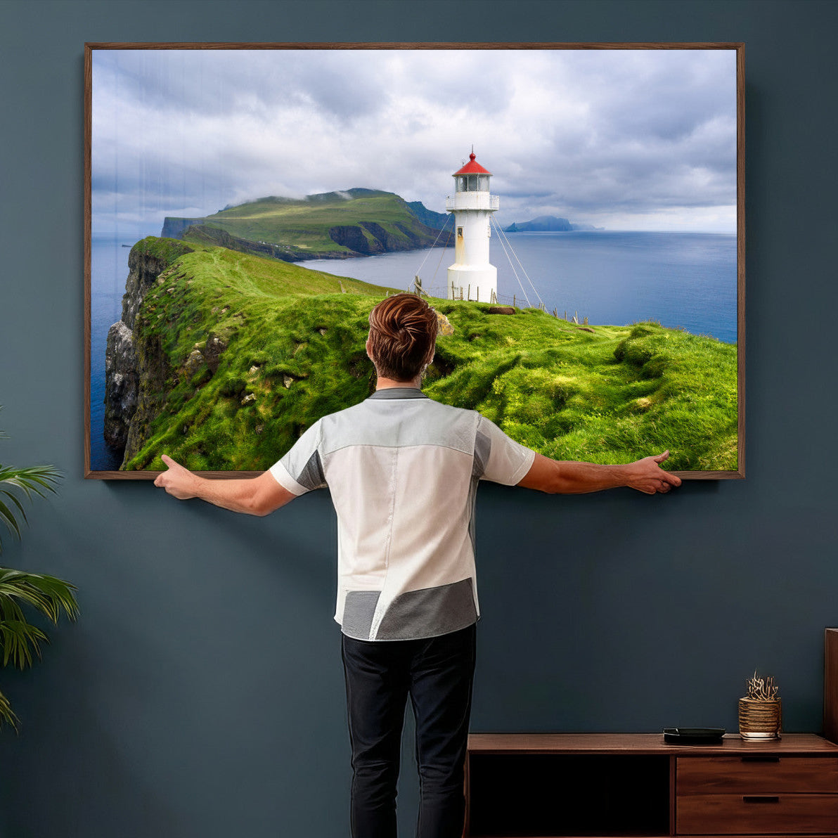 10680390-MGV-CV-36X24 - Coastal Lighthouse Wall Art Canvas Print, Cliffside Ocean Landscape Canvas Print, Scandinavian Coastal Decor for Living Room