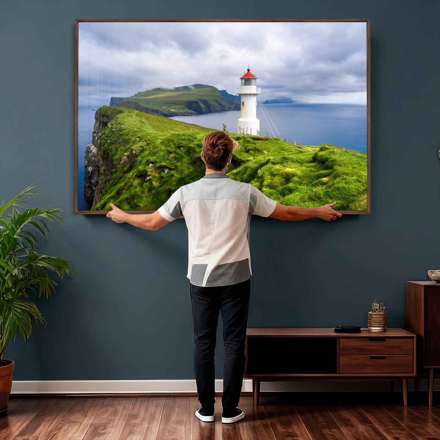 10680390-MGV-CV-36X24 - Coastal Lighthouse Wall Art Canvas Print, Cliffside Ocean Landscape Canvas Print, Scandinavian Coastal Decor for Living Room