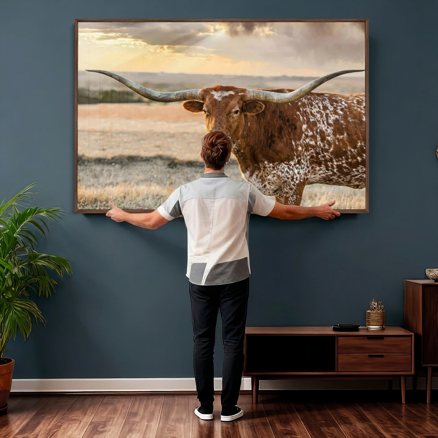 16502384-MGV-CV-36X24 - Texas Longhorn Wall Art Canvas Print, Western Ranch Bull Photography Canvas Print, Rustic Farmhouse Cattle Artwork for Living Room Decor
