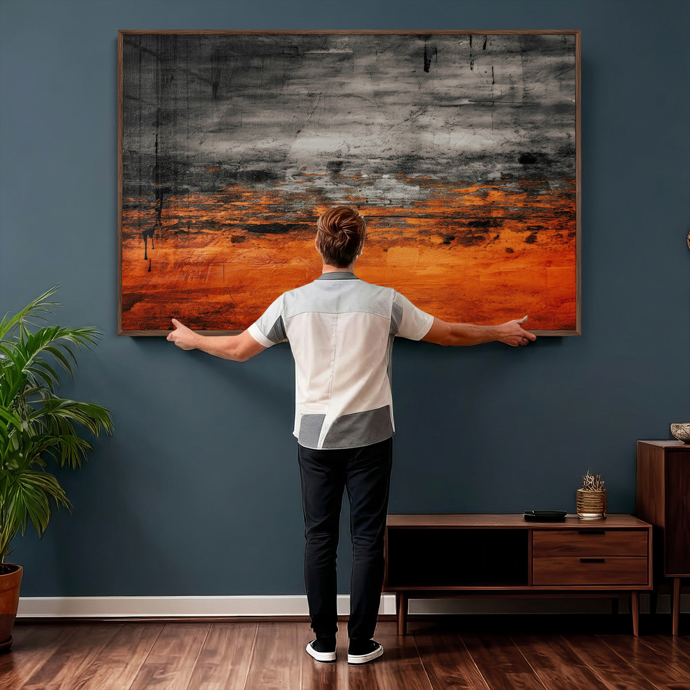 75409282-MGV-CV-36X24 - Black Orange Abstract Wall Art Canvas Print Modern Textured Painting Decor