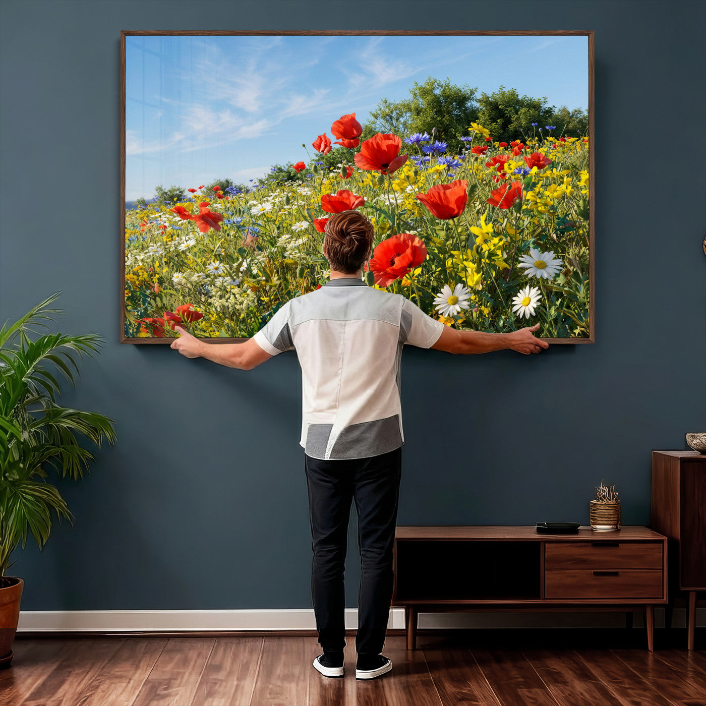 38570784-MGV-CV-36X24 - Wildflower Meadow Wall Art Canvas Print – Colorful Poppy and Daisy Field Landscape Artwork for Living Room Decor