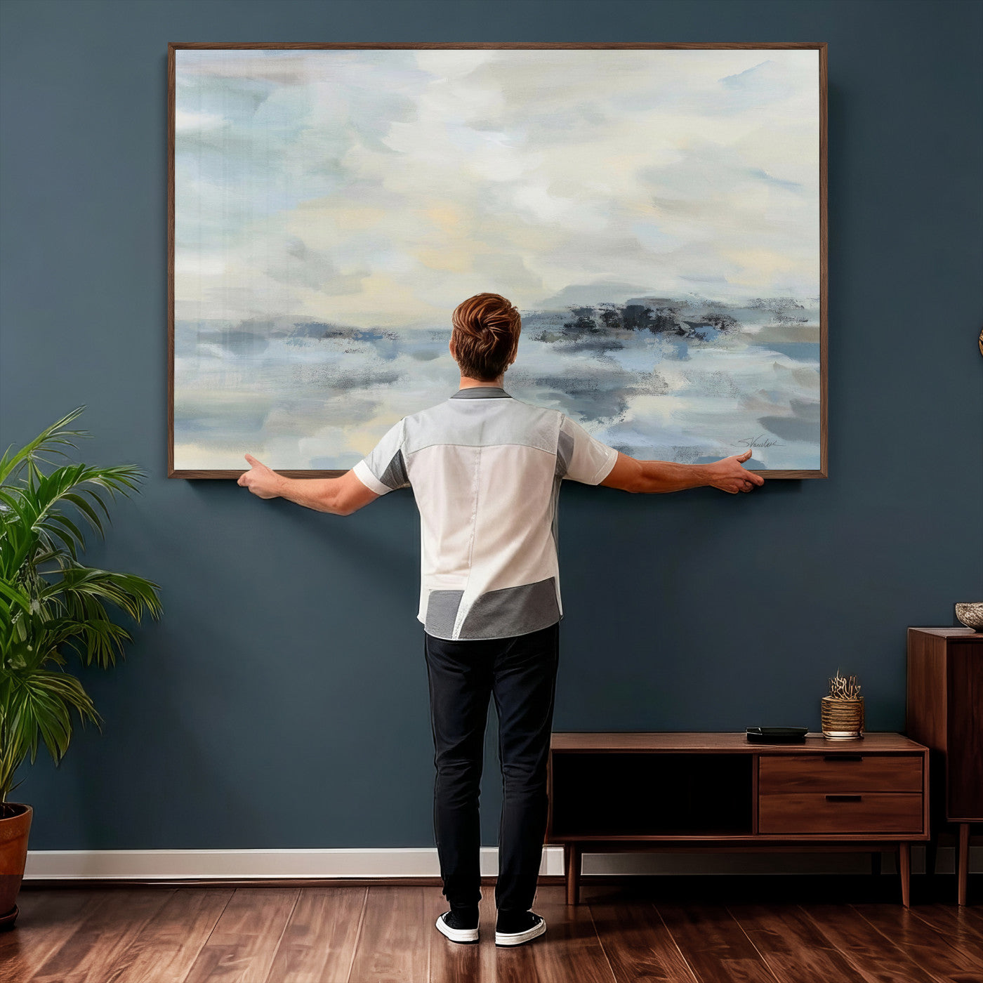 24647355-MGV-CV-36X24 - Abstract Coastal Landscape Wall Art Canvas Print – Soft Blue Gray Minimalist Painting