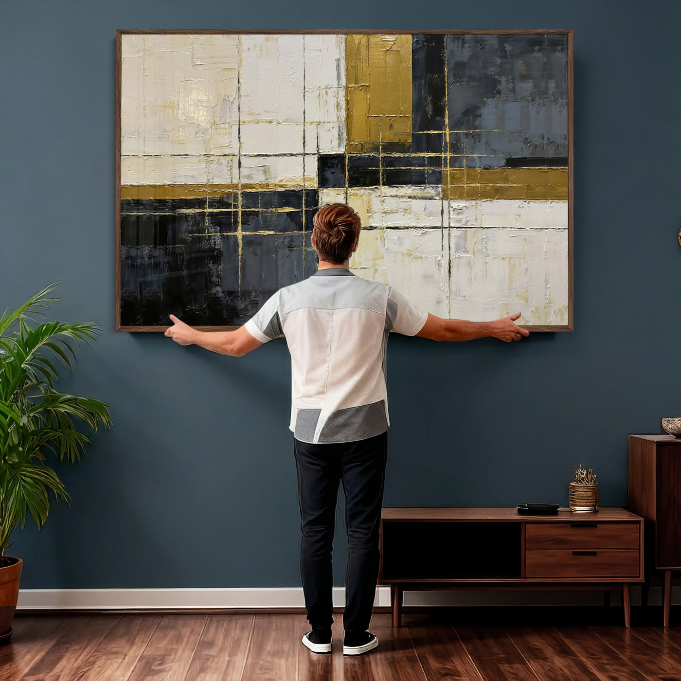 36097945-MGV-CV-36X24 - Abstract Gold and Black Wall Art Canvas Print – Modern Geometric Neutral Artwork for Living Room Decor