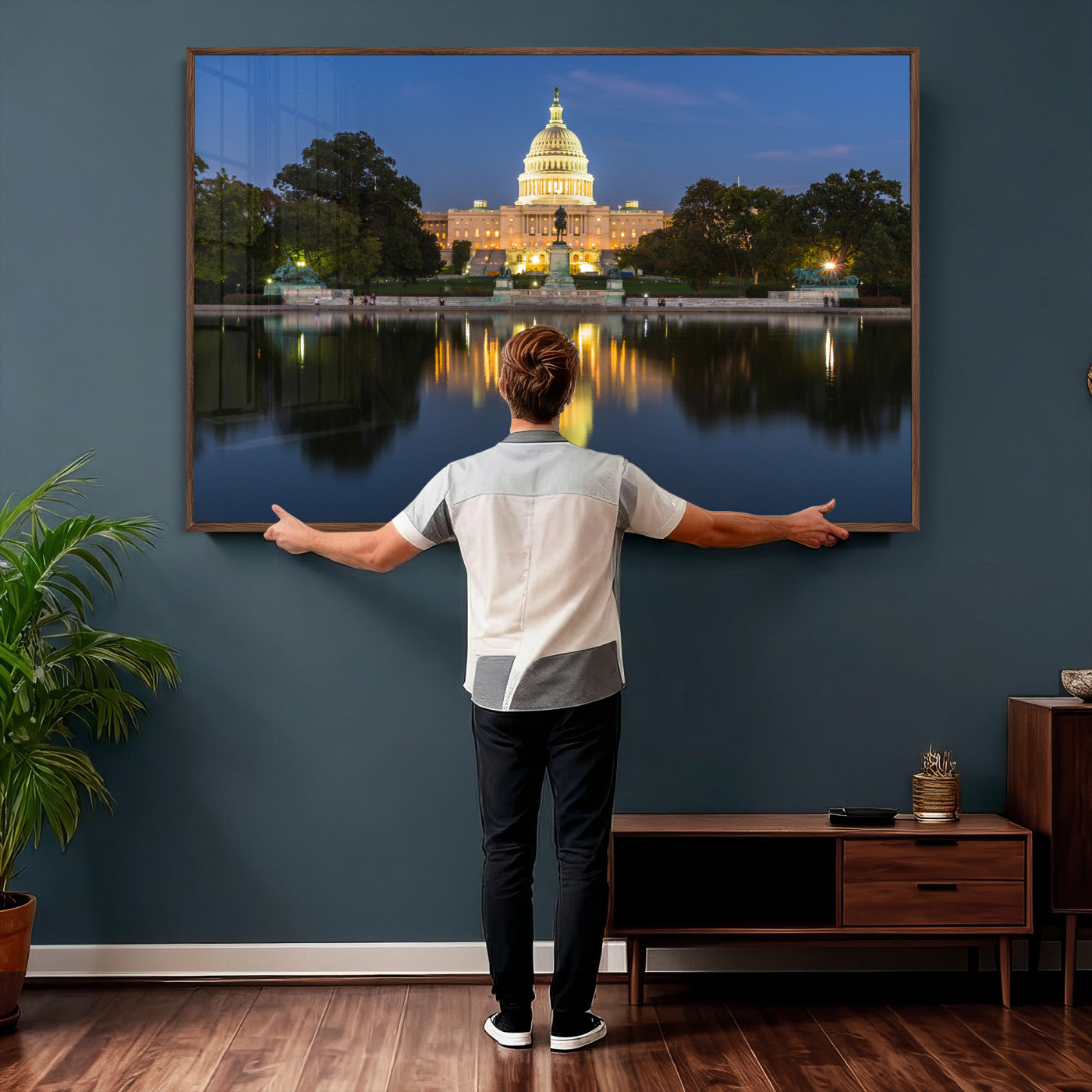 95568590-MGV-CV-36X24 - US Capitol Building Wall Art Canvas Print – Washington DC Landmark Night Reflection Artwork for Office Decor