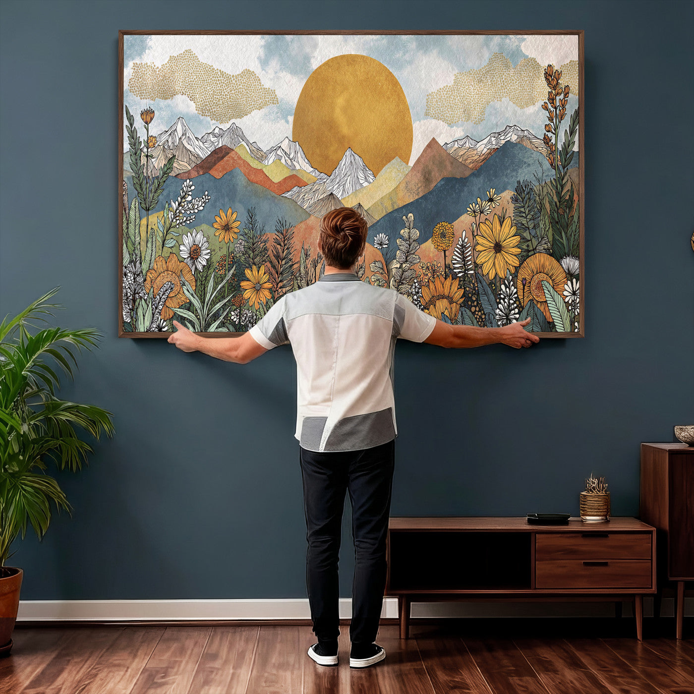 17540863-MGV-CV-36X24 - Boho Mountain Landscape Large Wall Art, Horizontal Gold Framed Canvas Print with Sun and Flowers