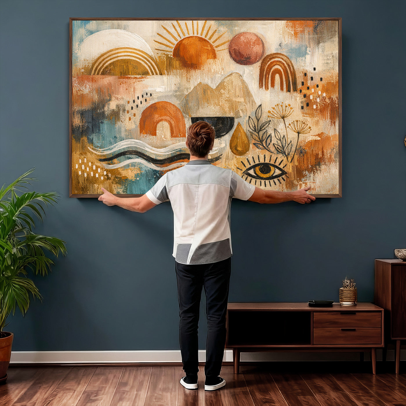 52155239-MGV-CV-36X24 - Geometric Boho Abstract Wall Art Canvas Print, Orange Blue Abstract Expressionist Painting Print, Modern Geometric Abstract Canvas Art