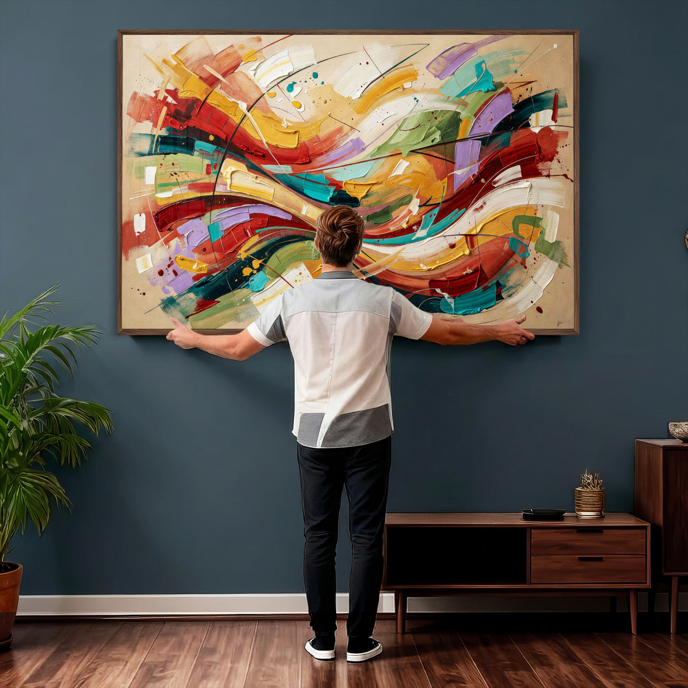 39887645-MGV-CV-36X24 - Geometric Abstract Wall Art Canvas Print, Orange Blue Abstract Expressionist Painting Print, Modern Geometric Abstract Canvas Art