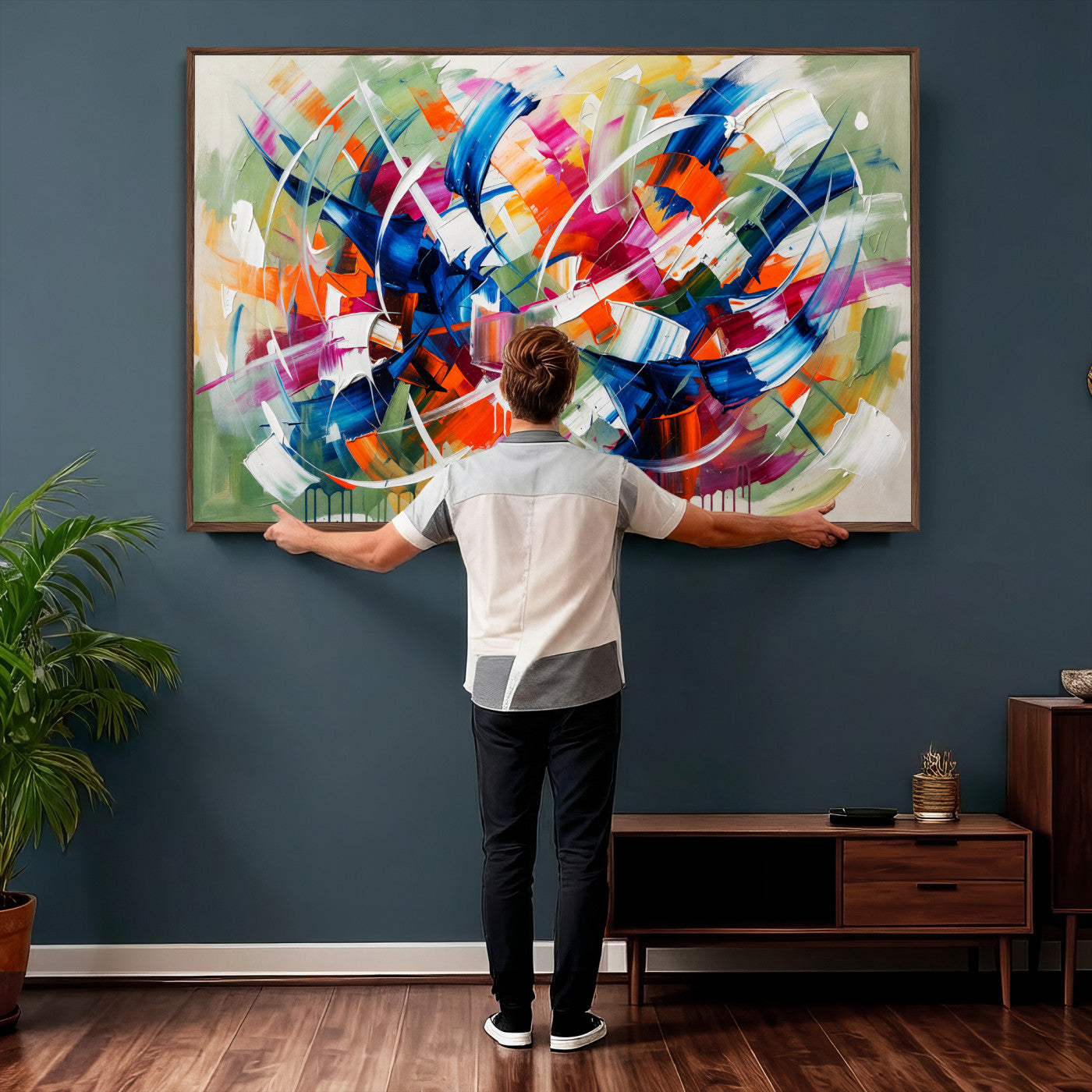 15032888-MGV-CV-36X24 - Geometric Abstract Wall Art Canvas Print, Orange Blue Abstract Expressionist Painting Print, Modern Geometric Abstract Canvas Art