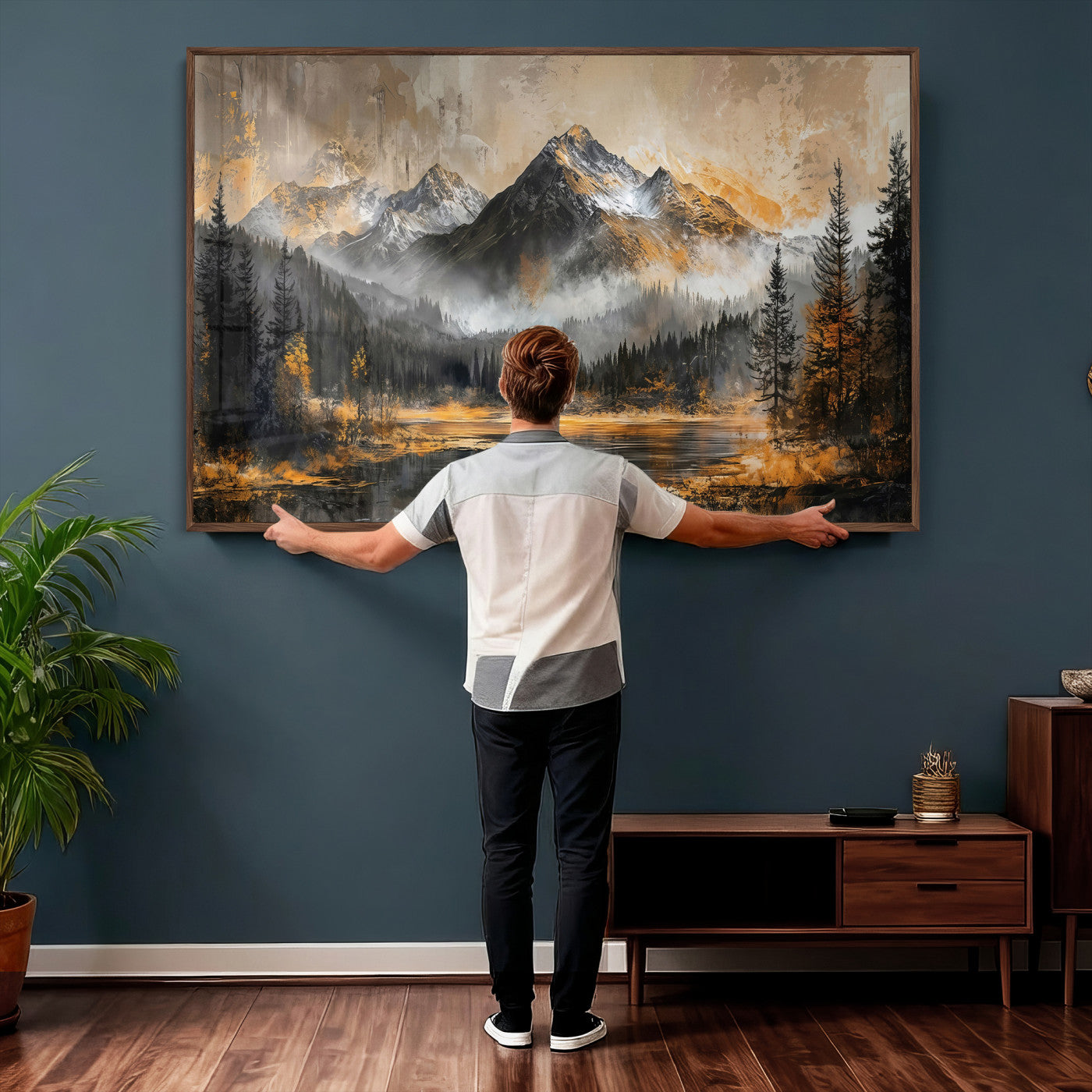 4712069D1-MGV-CV-36X24 - Mountain Lake Canvas Wall Art — Rustic Forest Landscape Print | Gold Grey Nature Decor | Cabin Wall Art | Large Wilderness Art Print Gift