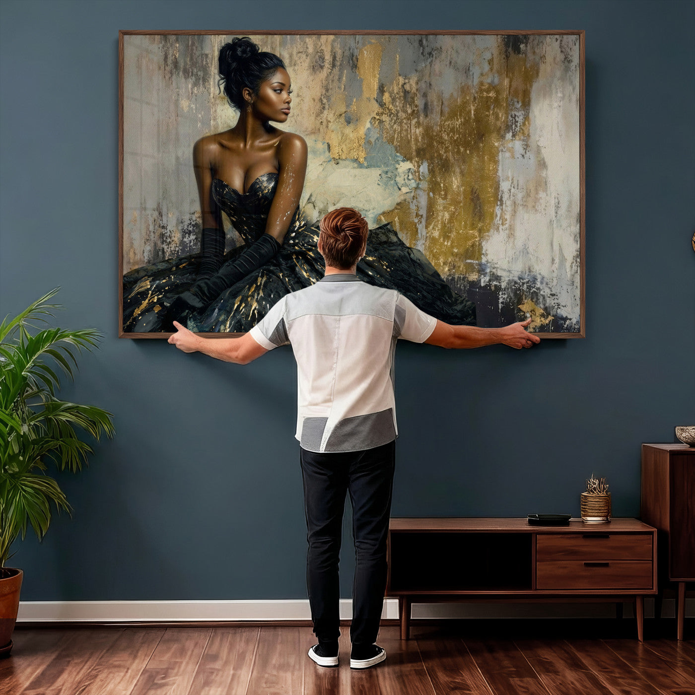 4712069Z1-MGV-CV-36X24 - Elegant Woman Canvas Wall Art — Black Gold Gown Fashion Print | Luxury Glam Wall Decor | African American Art | Bold Bedroom Wall Art Gift