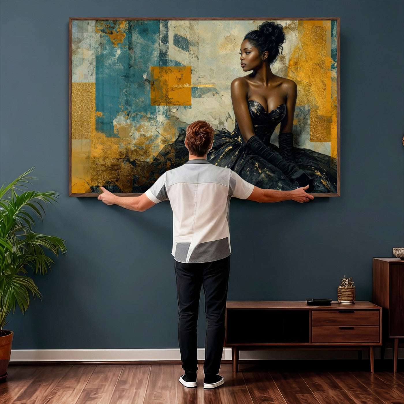 4712069Z21-MGV-CV-36X24 - Elegant Woman Canvas Wall Art — Black Gold Gown Fashion Print | Luxury Glam Wall Decor | African American Art | Bold Bedroom Wall Art Gift