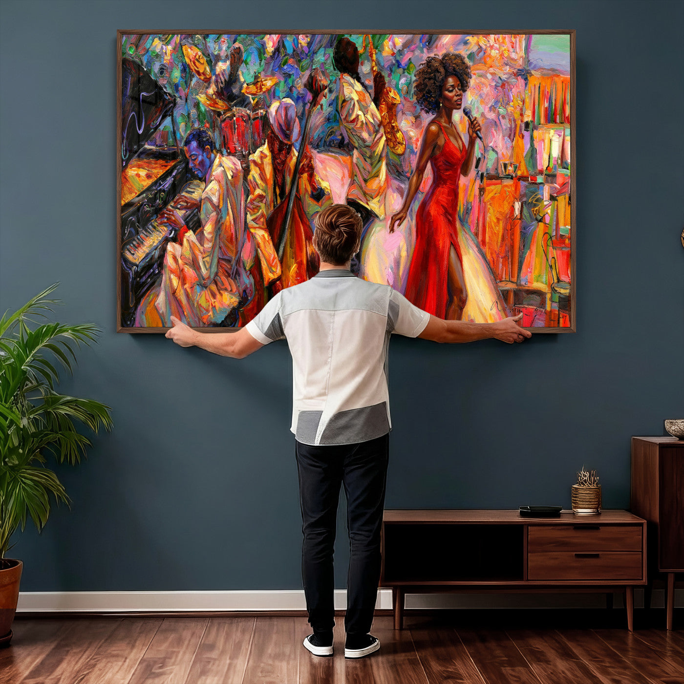 72615137-MGV-CV-36X24 - African American Jazz Singer Canvas Art - Red Dress Black Woman Music Print | Colorful Jazz Band Wall Decor | Living Room Gift for Her
