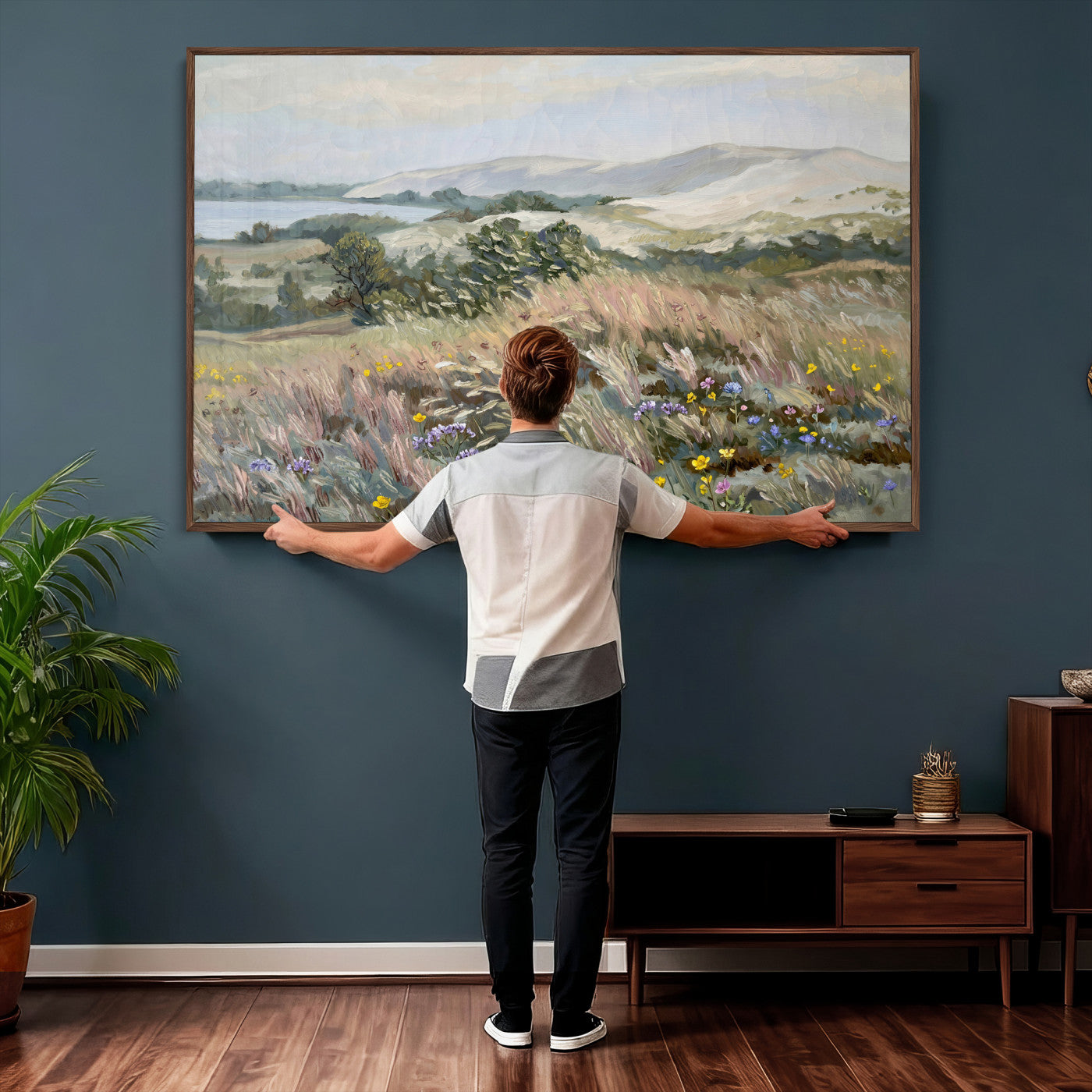 18013232-MGV-CV-36X24 - Katie Staples Hillside Canvas Wall Art — Coastal Wildflower Dune Oil Painting Print | Muted Green Nature Decor | Plein Air Landscape Gift