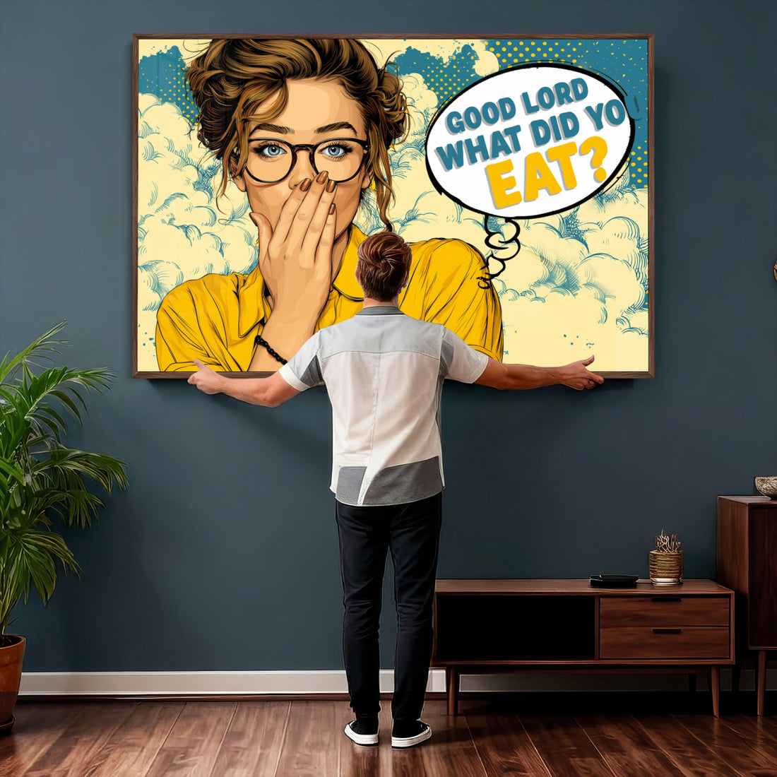Pop Art Bathroom Sign Wall Art Canvas Print | Funny Yellow Comic Toilet Decor
