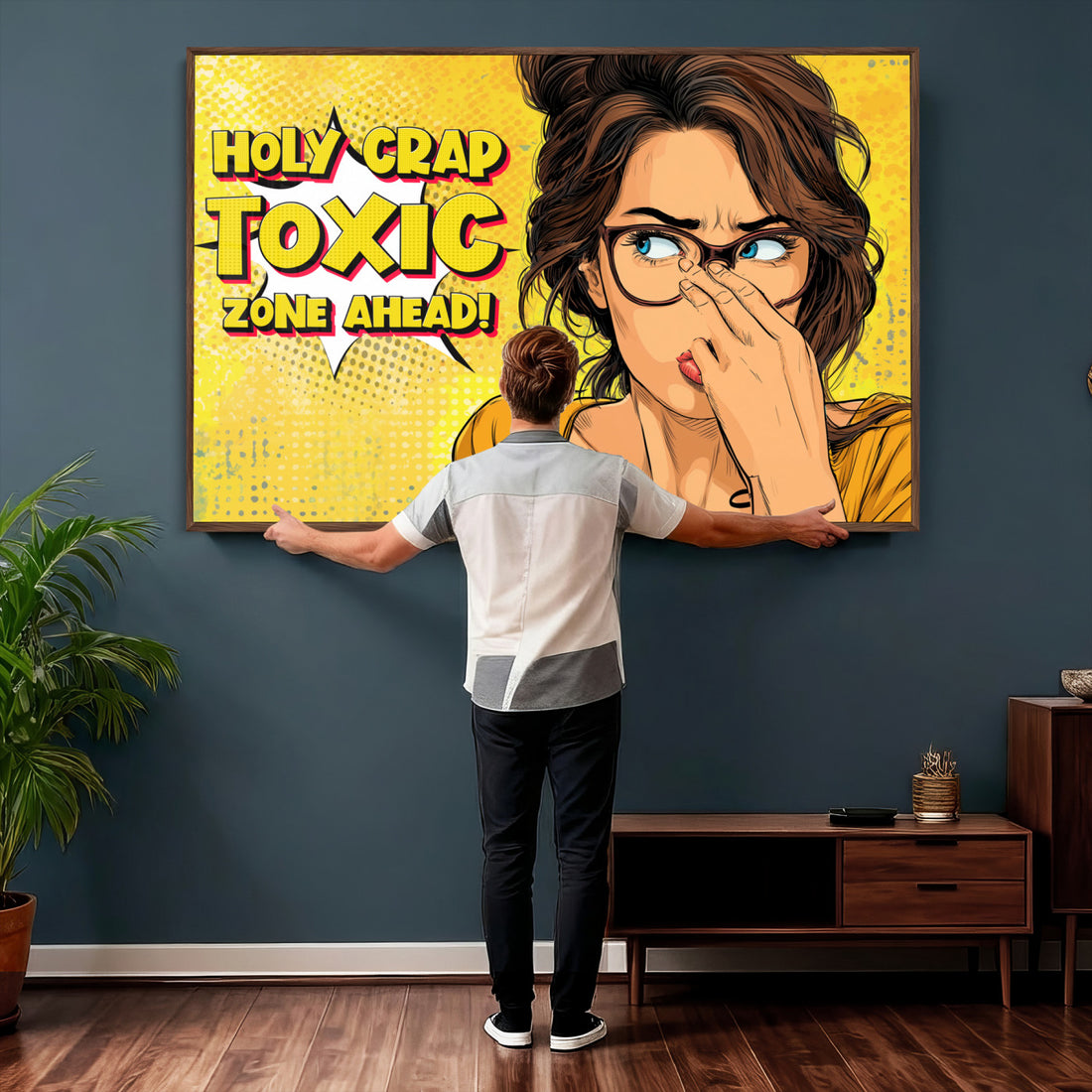 Pop Art Bathroom Sign Wall Art Canvas Print | Funny Yellow Comic Toilet Decor