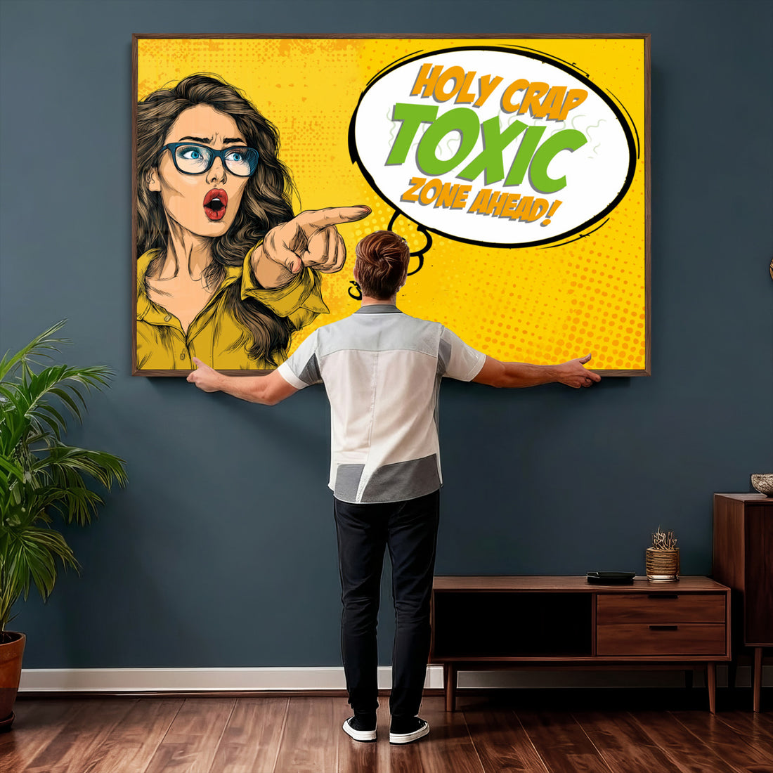 Pop Art Bathroom Sign Wall Art Canvas Print | Funny Yellow Comic Toilet Decor
