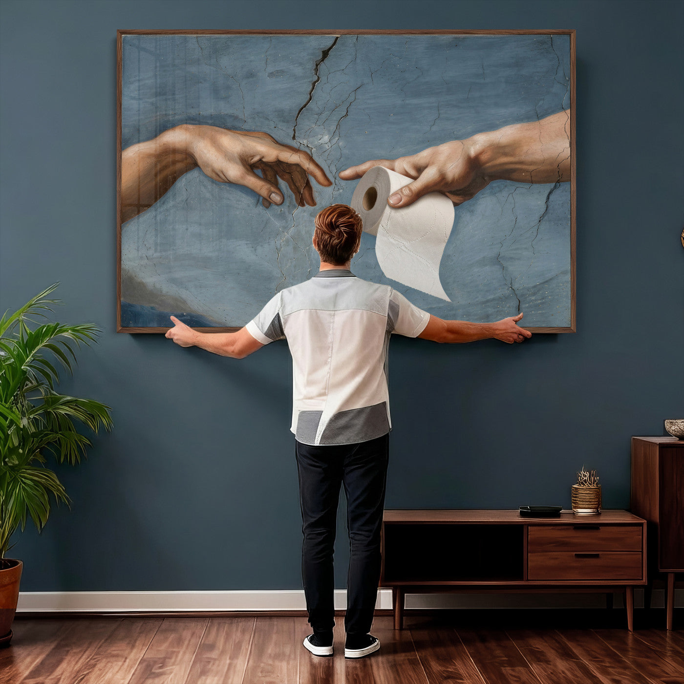 42648143-MGV-CV-36X24 - Funny Bathroom Canvas Wall Art, Michelangelo Creation of Adam Toilet Paper Parody, Renaissance Humor Print, Quirky Housewarming Gift, Toilet Room Decor