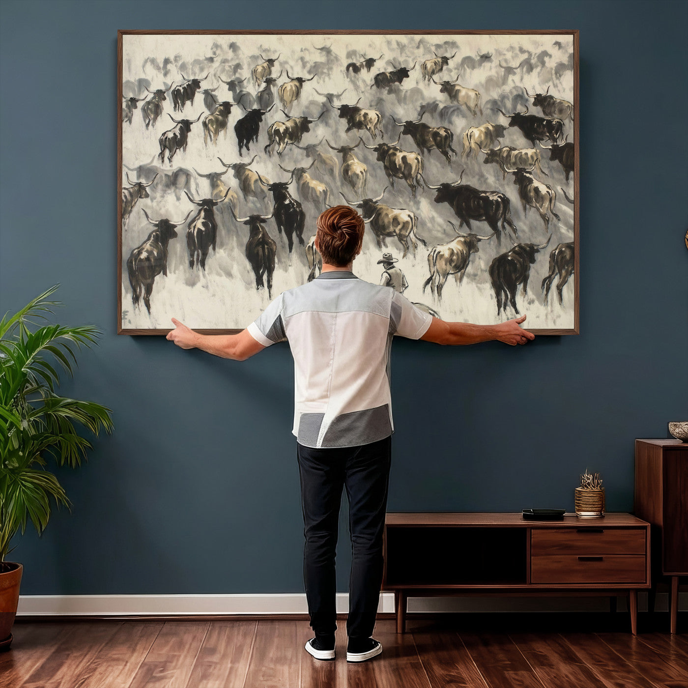 48049876-MGV-CV-36X24 - Cowboy Cattle Drive Canvas Wall Art, Western Longhorn Herd Ink Painting Print, Ranch Rodeo Decor, Black White Western Art, Large Living Room Art