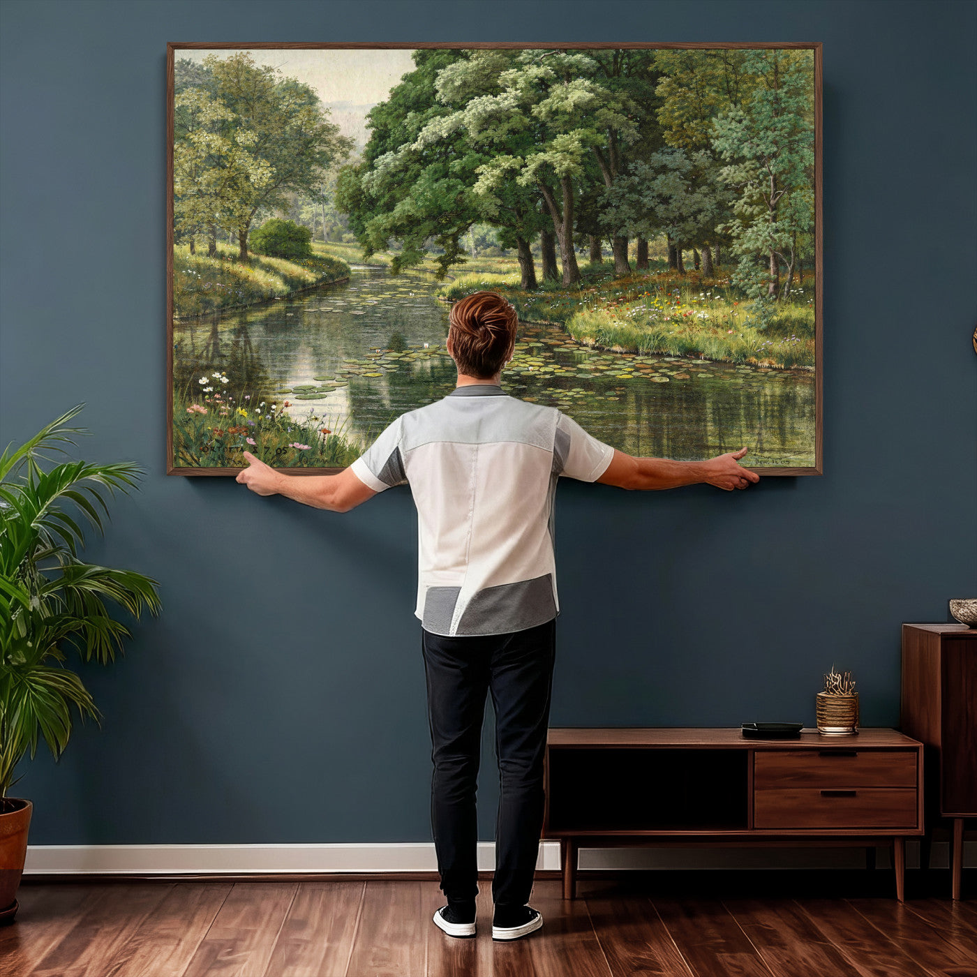 44288560-MGV-CV-36X24 - Forest Stream Canvas Wall Art, Peder Monsted A Forest Stream 1905 Print, Danish Realist Landscape, Lily Pad River Nature Decor, Vintage Green Painting