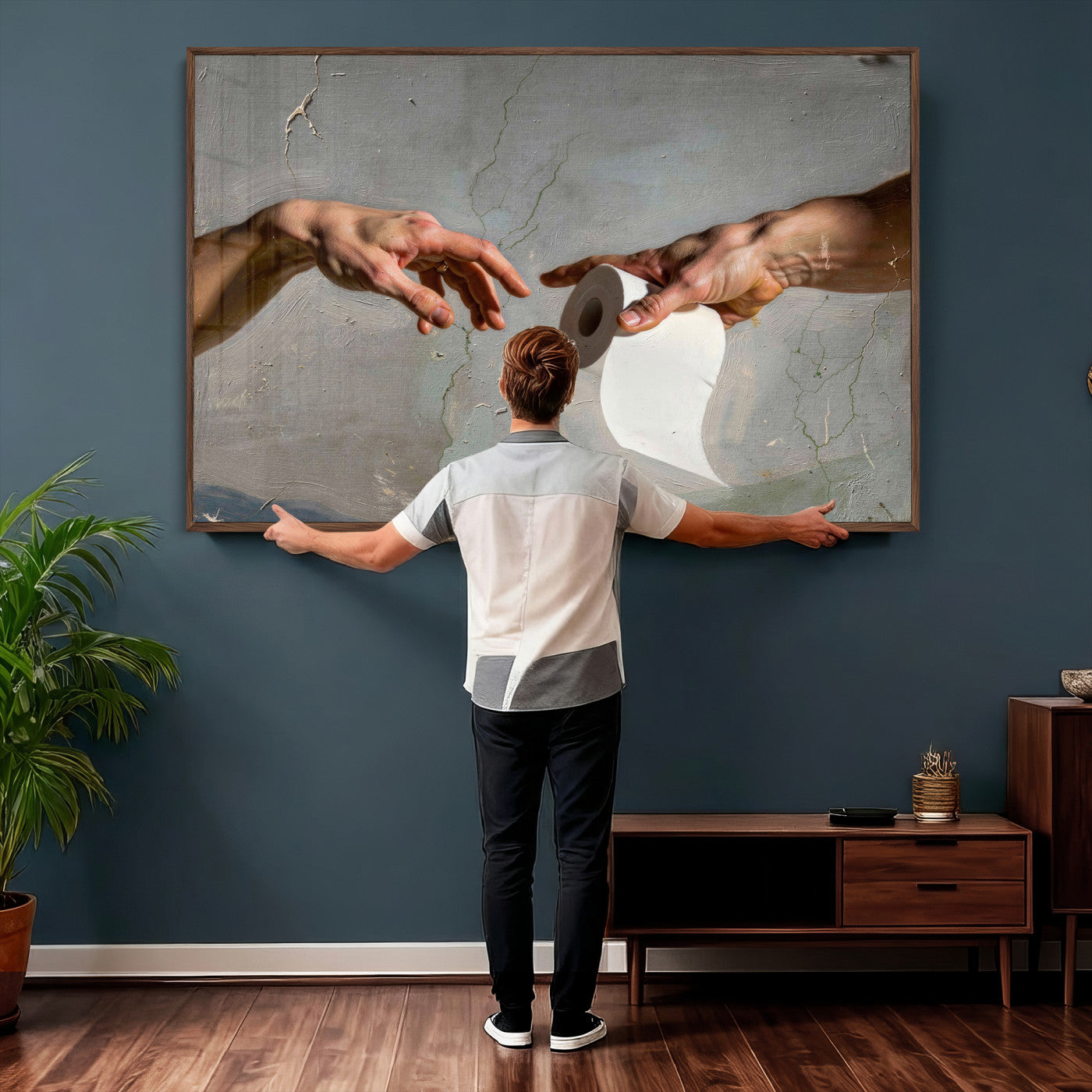 72030048-MGV-CV-36X24 - Funny Bathroom Wall Art Canvas, Creation of Toilet Paper Parody Print, Renaissance Humor Decor, Toilet Room Art, Quirky Housewarming Gift, Classic Art Spoof