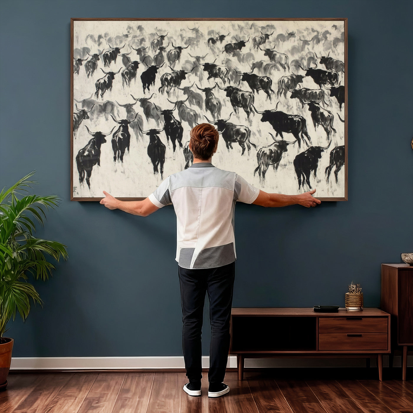 68669792-MGV-CV-36X24 - Longhorn Cattle Canvas Wall Art, Black White Stampede Ink Painting Print, Western Farmhouse Decor, Bull Herd Art, Large Living Room Wall Art, Ranch Home Decor