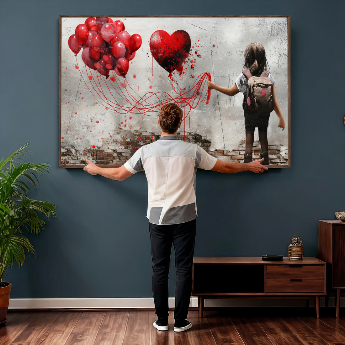Girl Graffiti Wall Art Canvas Print, Red Balloon Heart