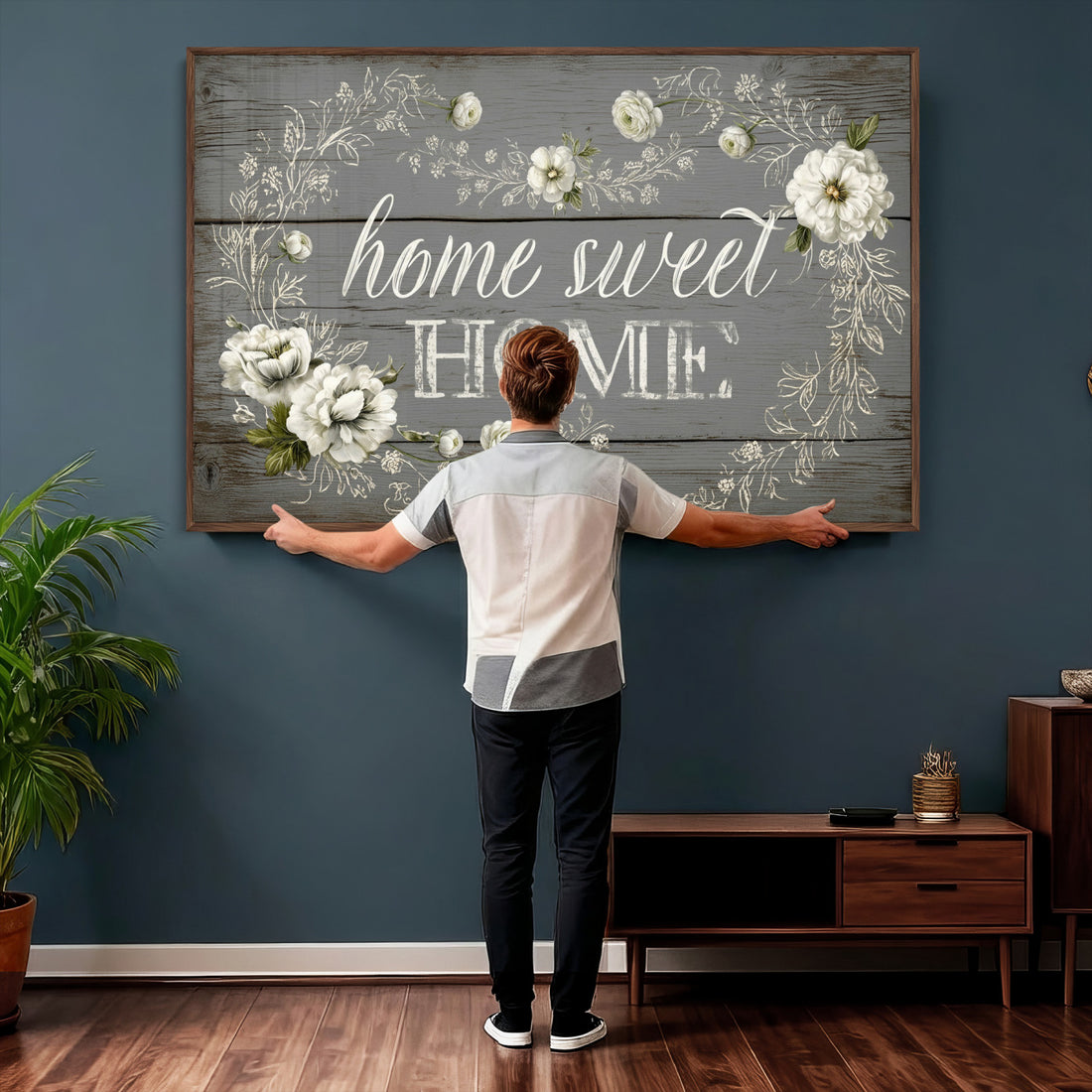 Home Sweet Home Wall Art Canvas Print, Floral Farmhouse Decor