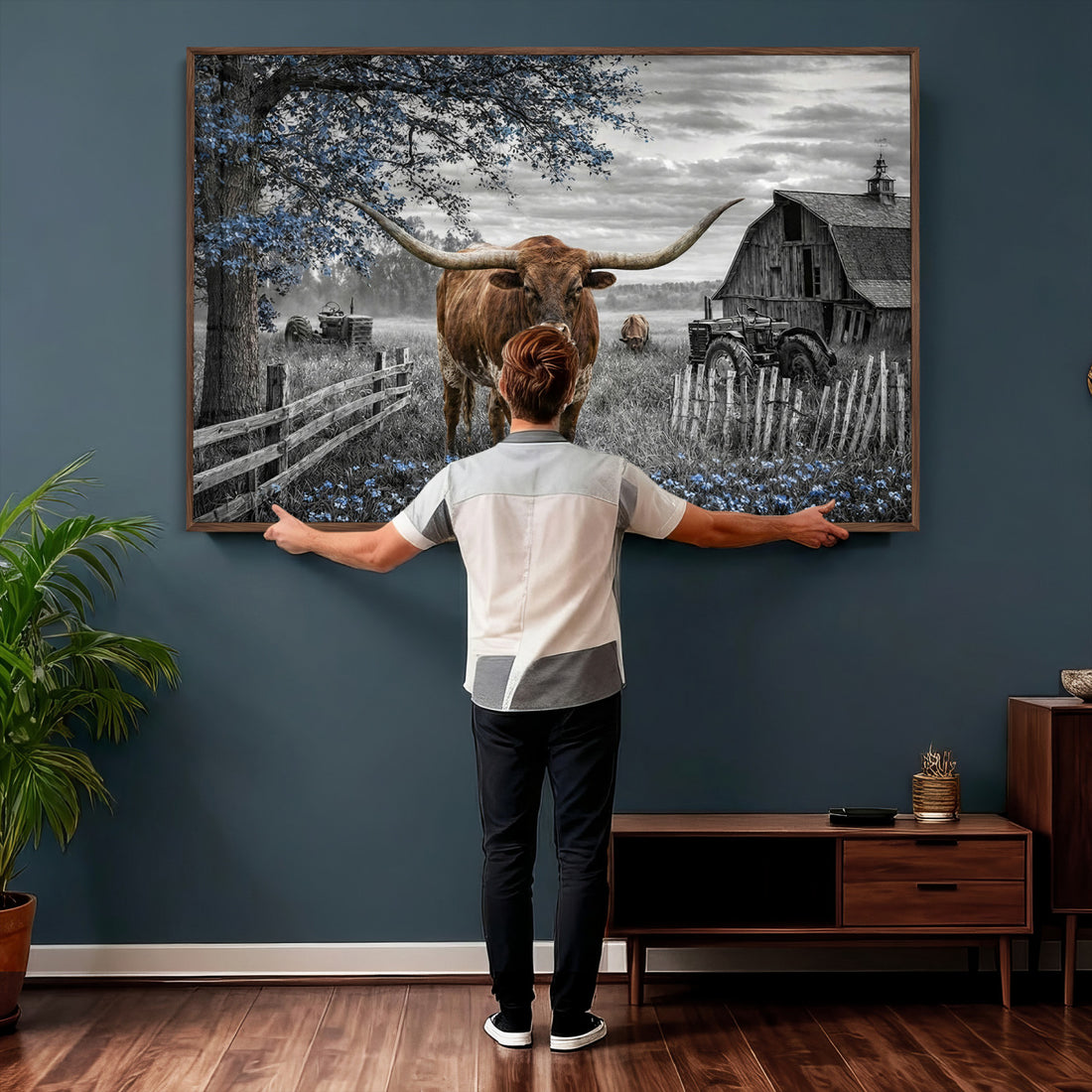 Texas Longhorn Canvas Wall Art, Rustic Farm Barn Bluebonnet Field