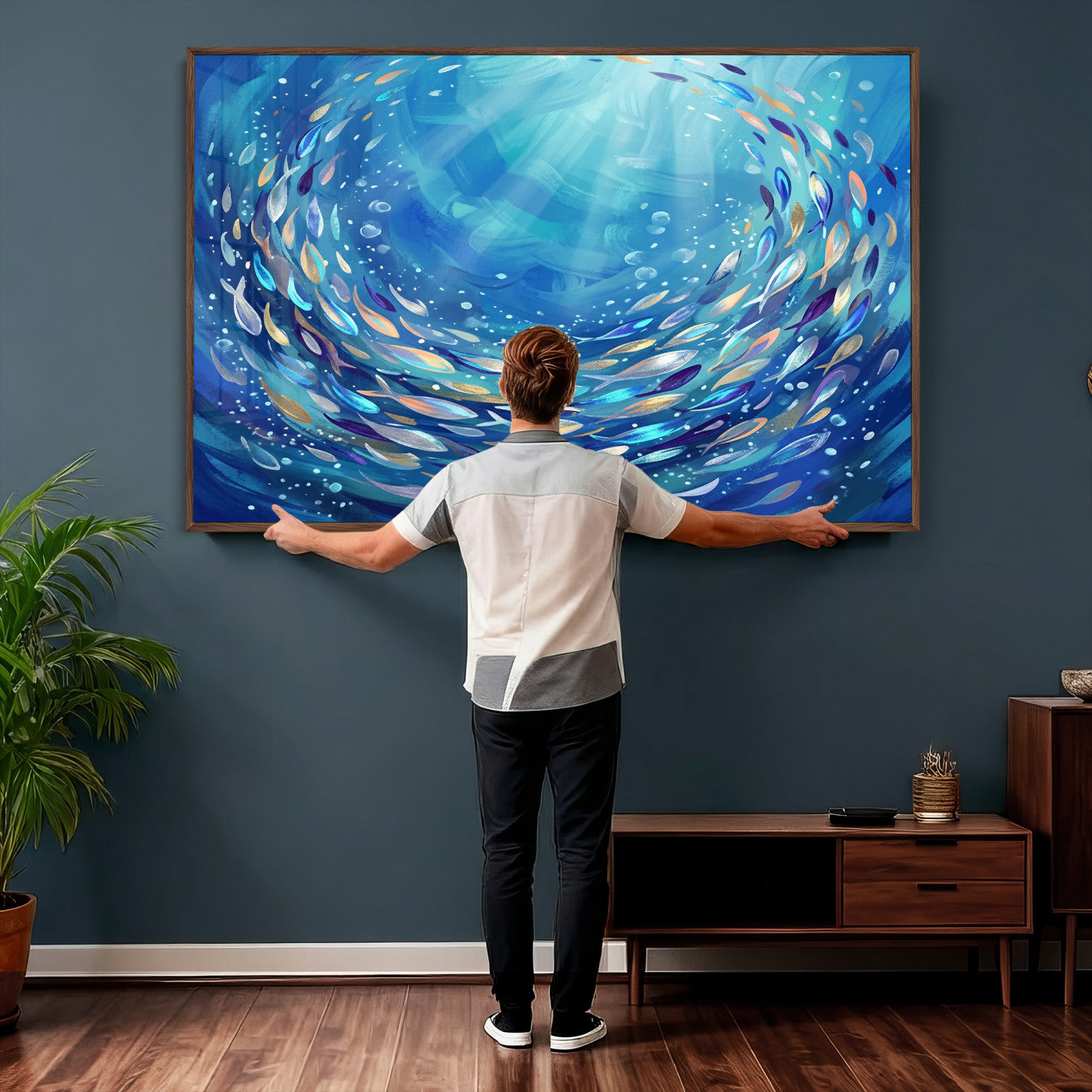 78699899-MGV-CV-36X24 - School of Fish Canvas Print | Blue Ocean Underwater Wall Art | Swirling Fish Shoal Illustration | Marine Navy Coastal Decor