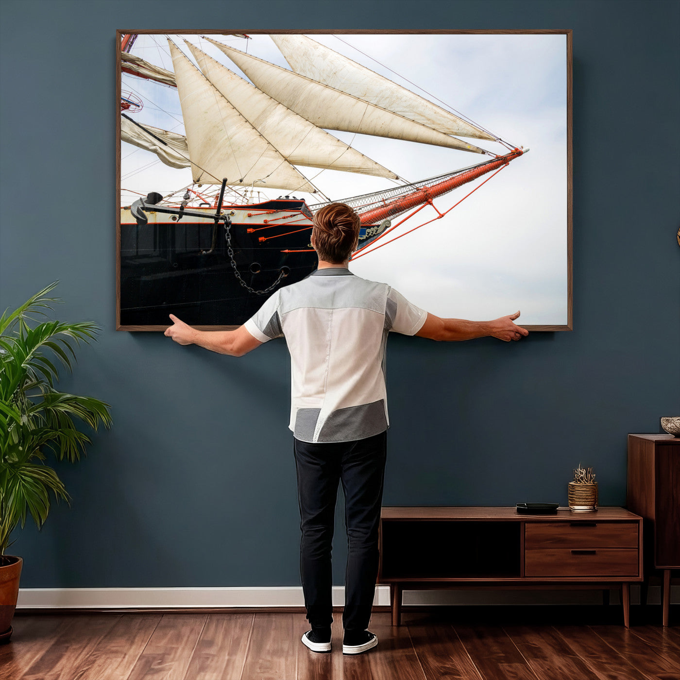 64830036-MGV-CV-36X24 - Sailboat Wall Art Canvas Print, Vintage Ship Bow Framed Artwork, Nautical Sailing Decor for Living Room Office Beach House