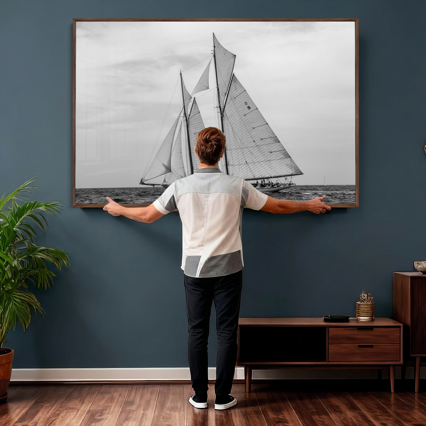 52882918-MGV-CV-36X24 - Vintage Sailboat Wall Art Canvas Print, Black and White Schooner Framed Artwork, Nautical Ocean Sailing Decor for Living Room Office Beach House