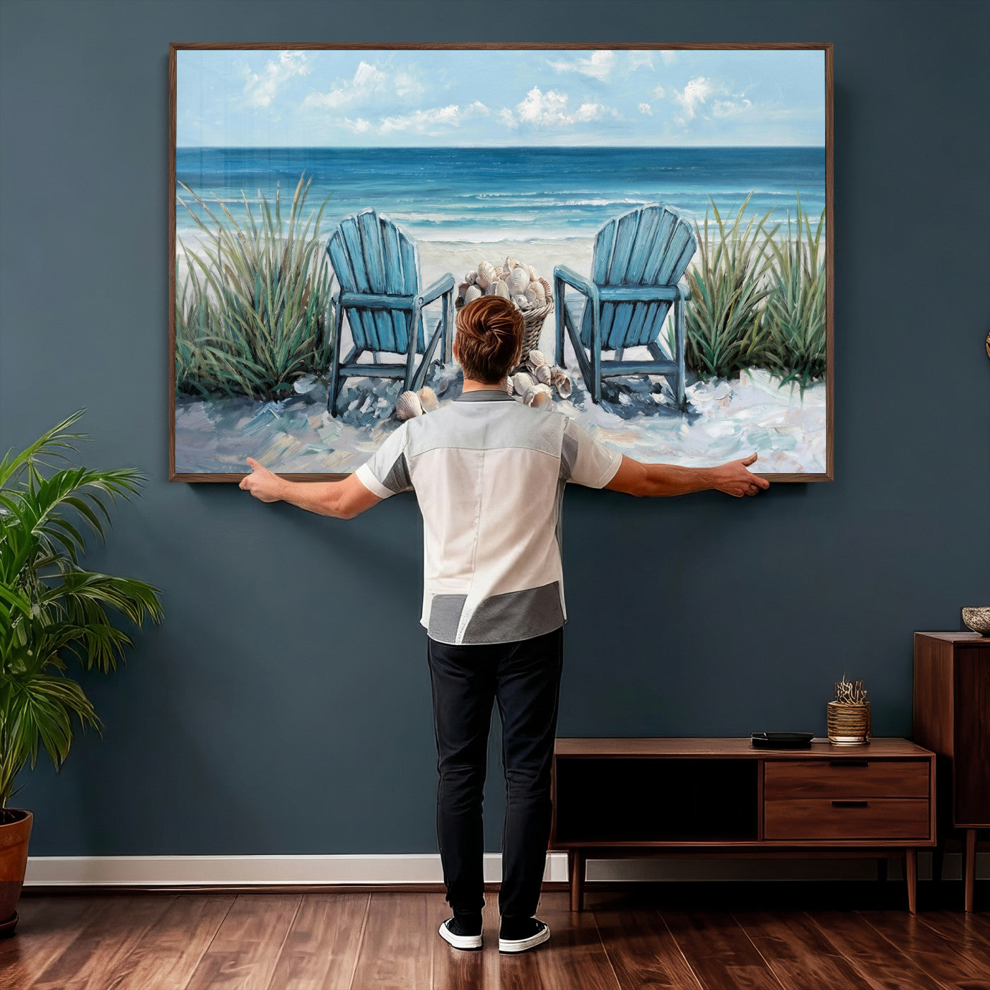 11973028-MGV-CV-36X24 - Beach Canvas Wall Art Coastal Adirondack Chairs Ocean Seashells Blue Nautical Framed Large for Living Room Bedroom Bathroom Decor