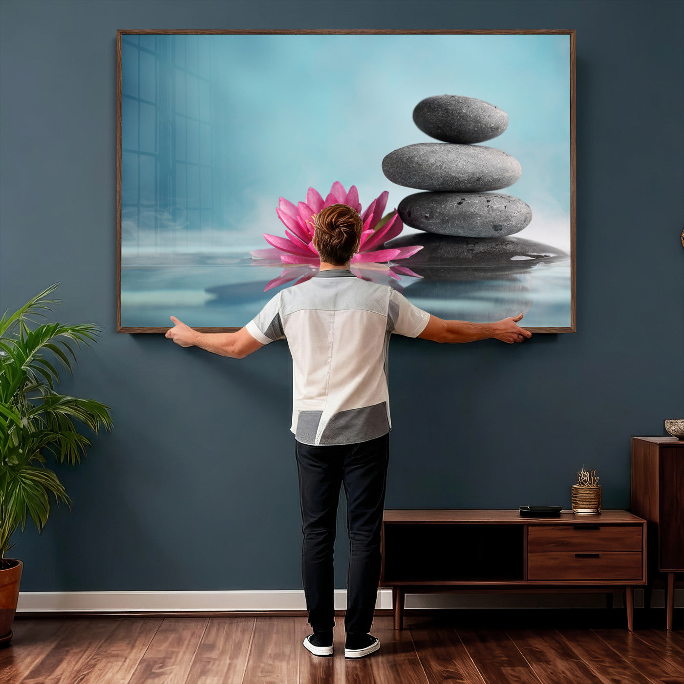 84293154-MGV-CV-36X24 - Zen Canvas Wall Art Lotus Flower Stacked Stones Teal Spa Meditation Relaxation Framed Large for Bathroom Bedroom Living Room Office Decor