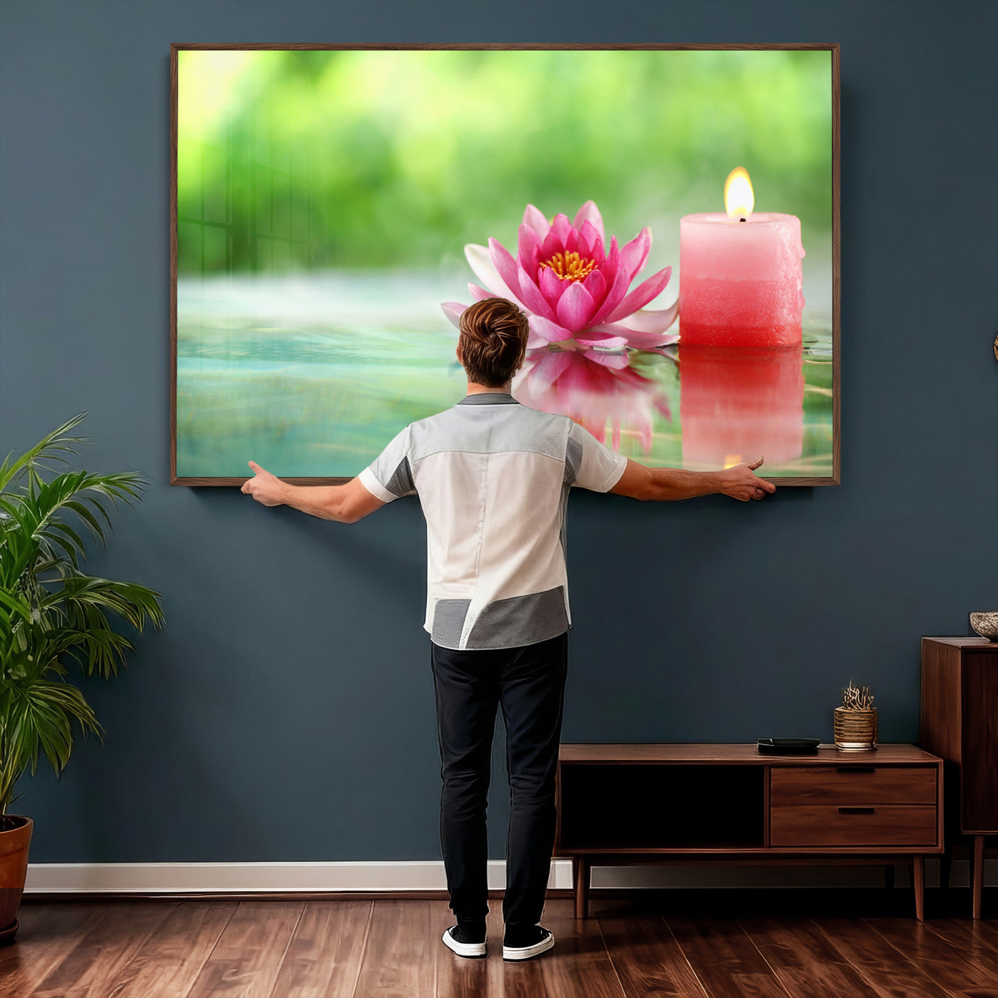17661715-MGV-CV-36X24 - Zen Lotus Candle Canvas Wall Art Pink Spa Meditation Relaxation Green Bokeh Framed Large for Bathroom Bedroom Living Room Office Decor