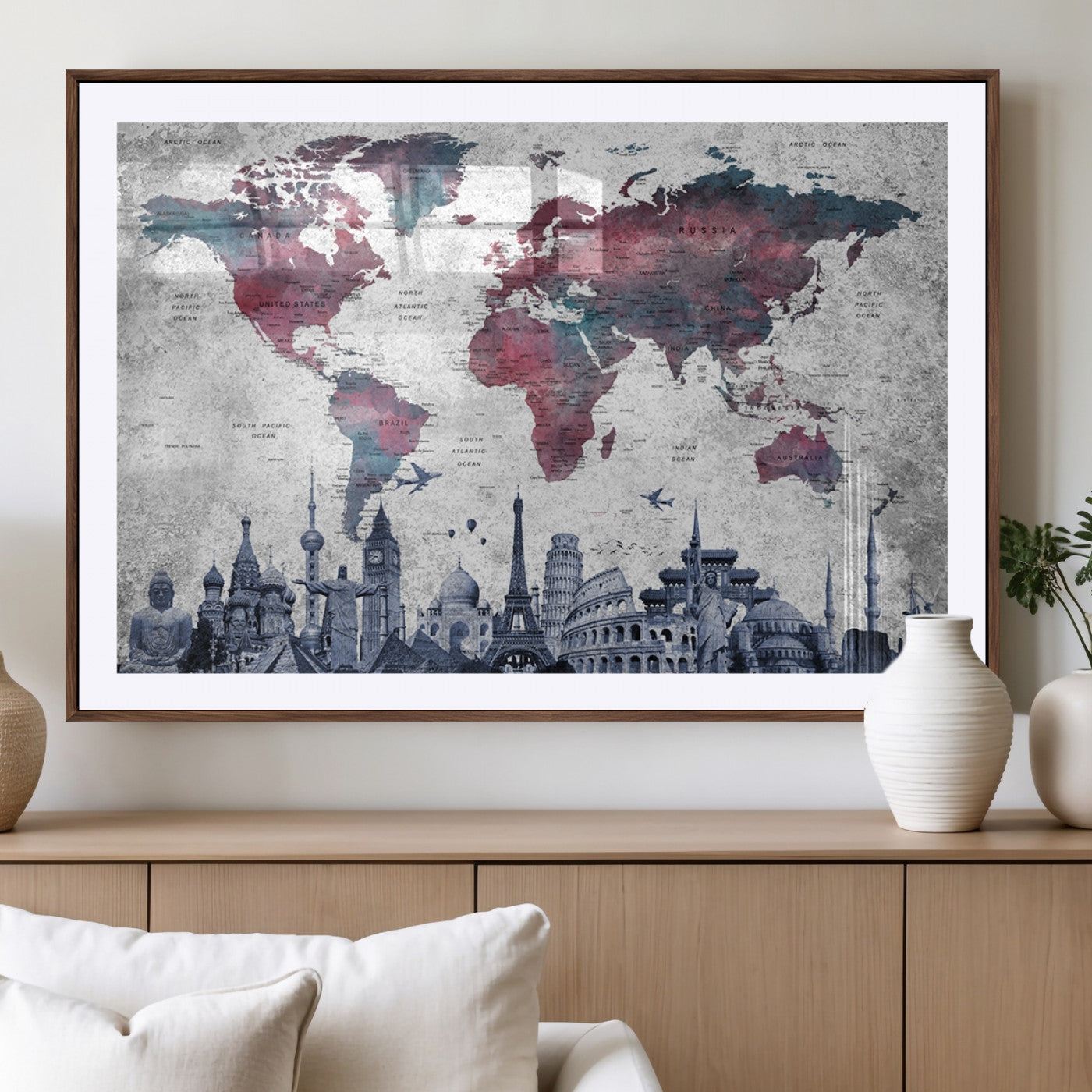 MGC-FP-36x24 - Push Pin World Map Canvas Print – Framed Wall Art for Couples to Track Their Travels – Anniversary