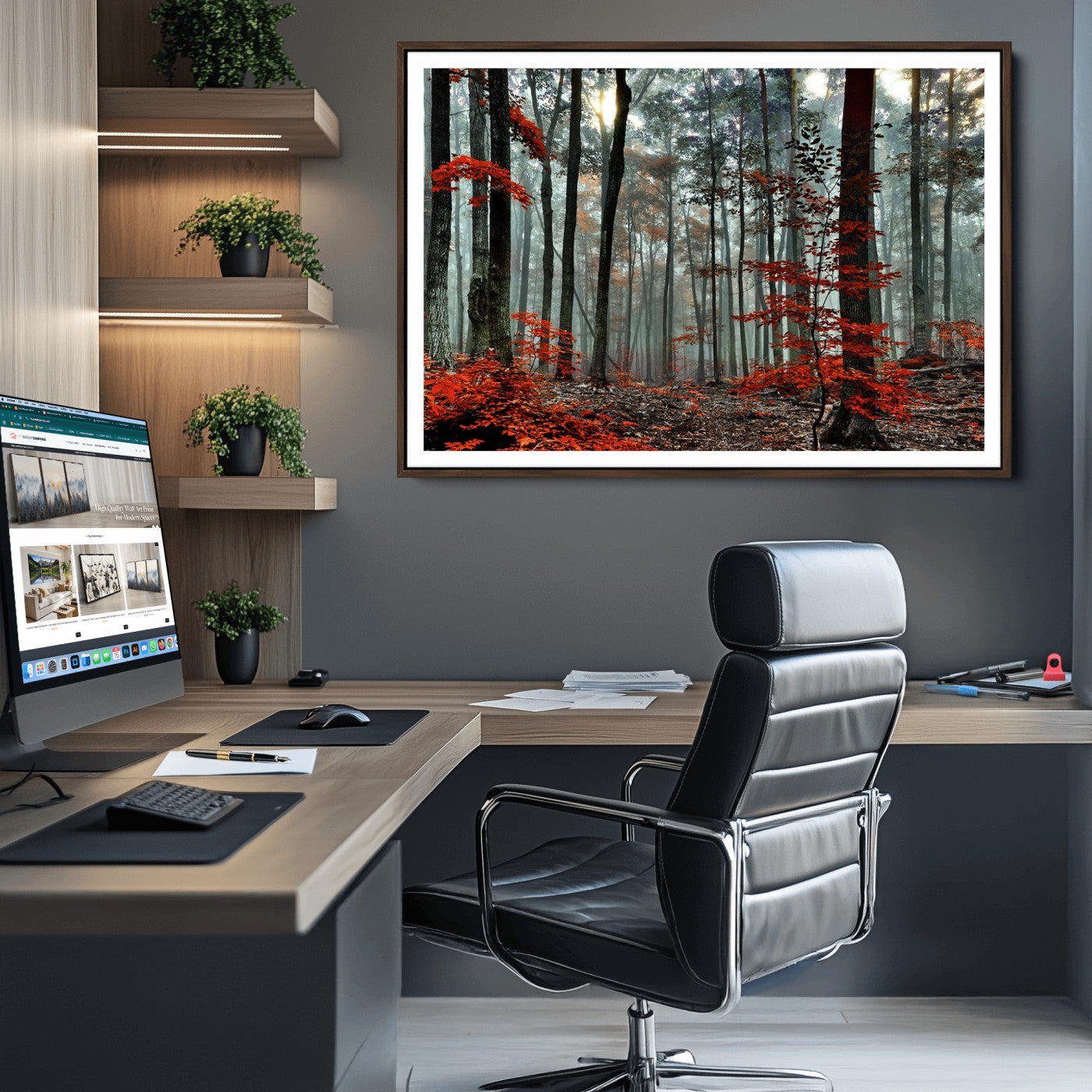 59209-MGC-FP-36x24_Walnut-Autumn Forest Canvas Wall Art – Enchanting Red Leaves Triptych Print – Nature-Inspired Decor for Living Room or Office – Ready to Hang