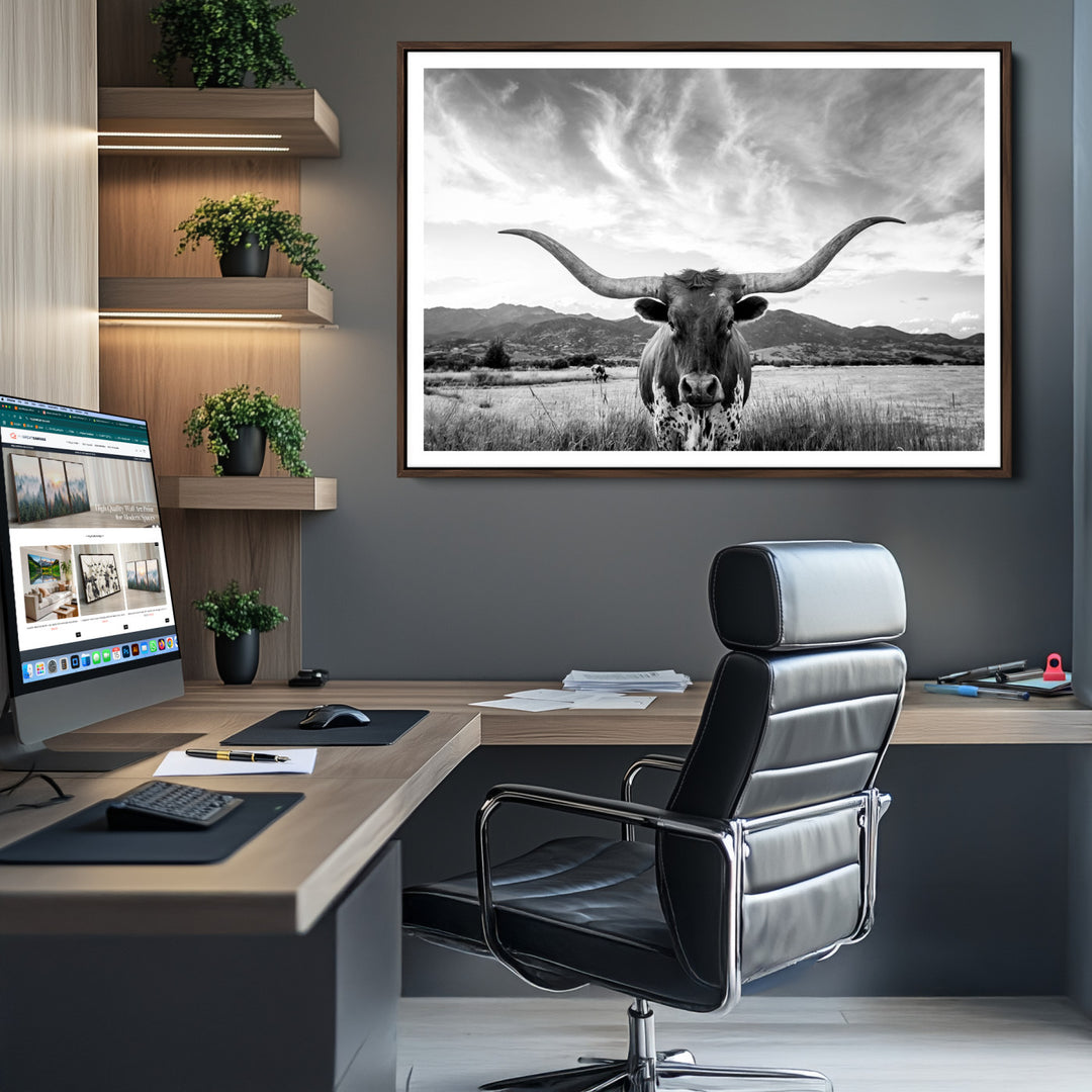 Longhorn Cow Wall Art Canvas Print Farmhouse Wall Art - Texas Longhorn Wall Art Print